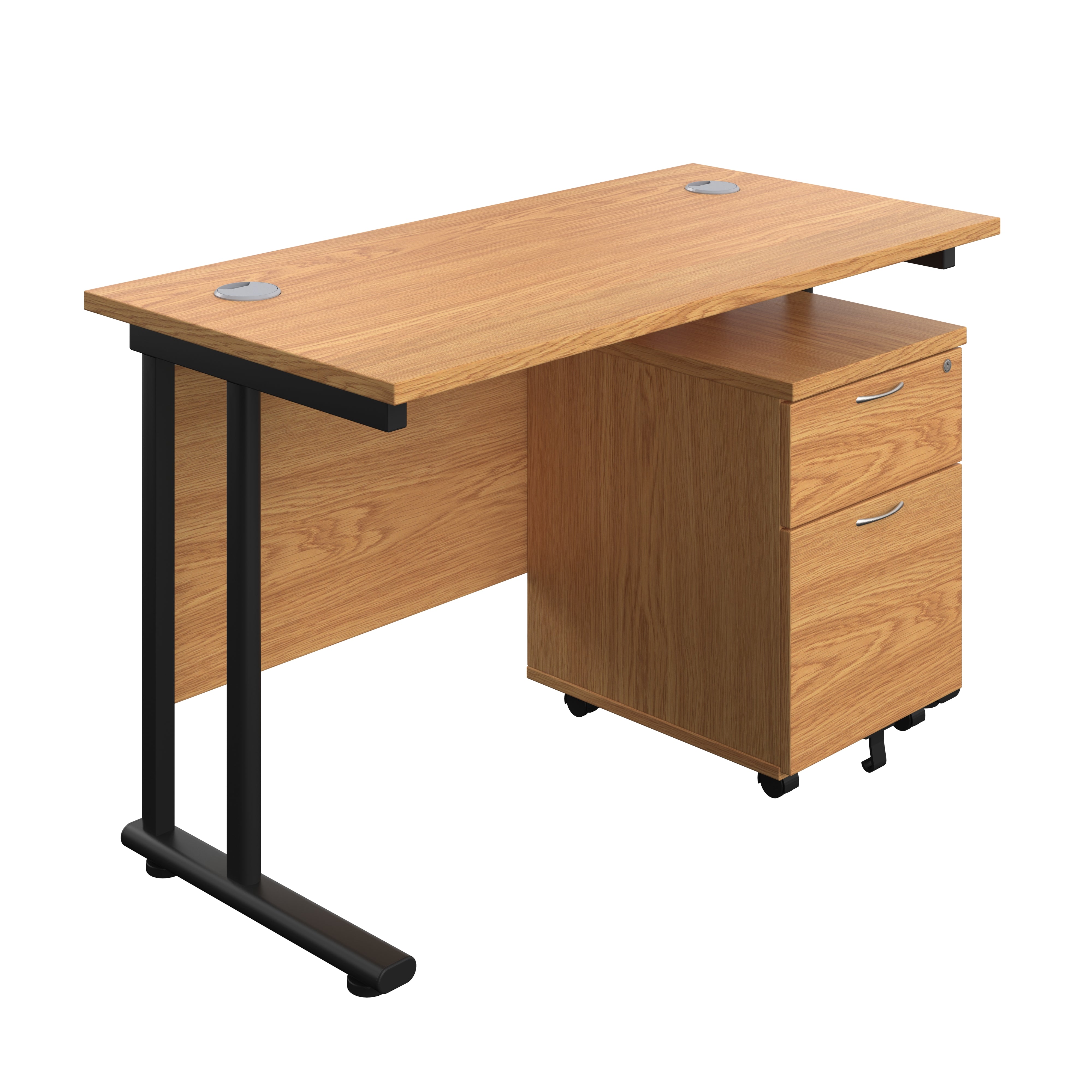 Twin Upright Rectangular Desk + Mobile 2 Drawer Pedestal (FSC) | 1200X600 | Nova Oak/Black