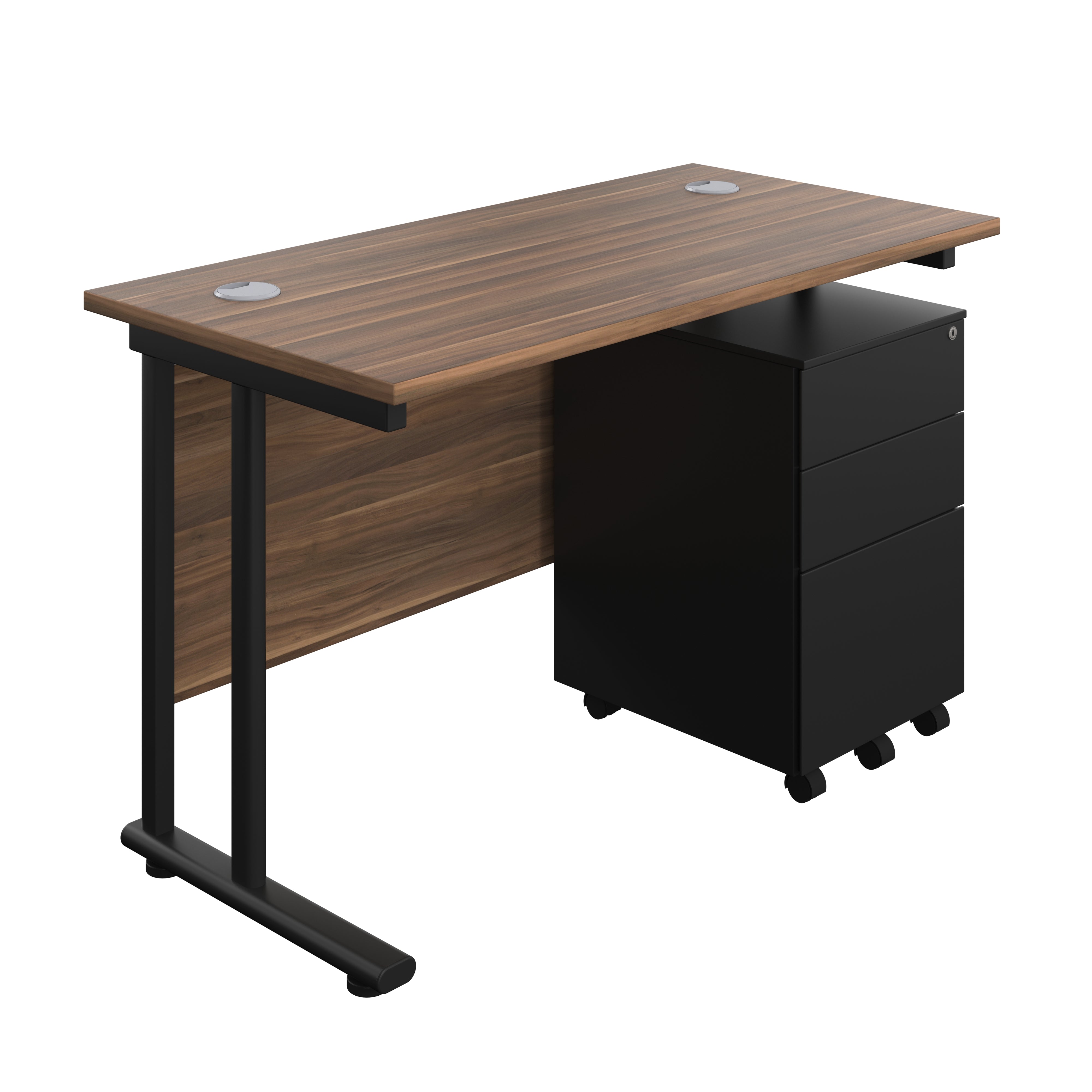 Twin Upright Rectangular Desk + Under Desk Steel Pedestal 3 Drawers (FSC) | 1200X600 | Dark Walnut/Black