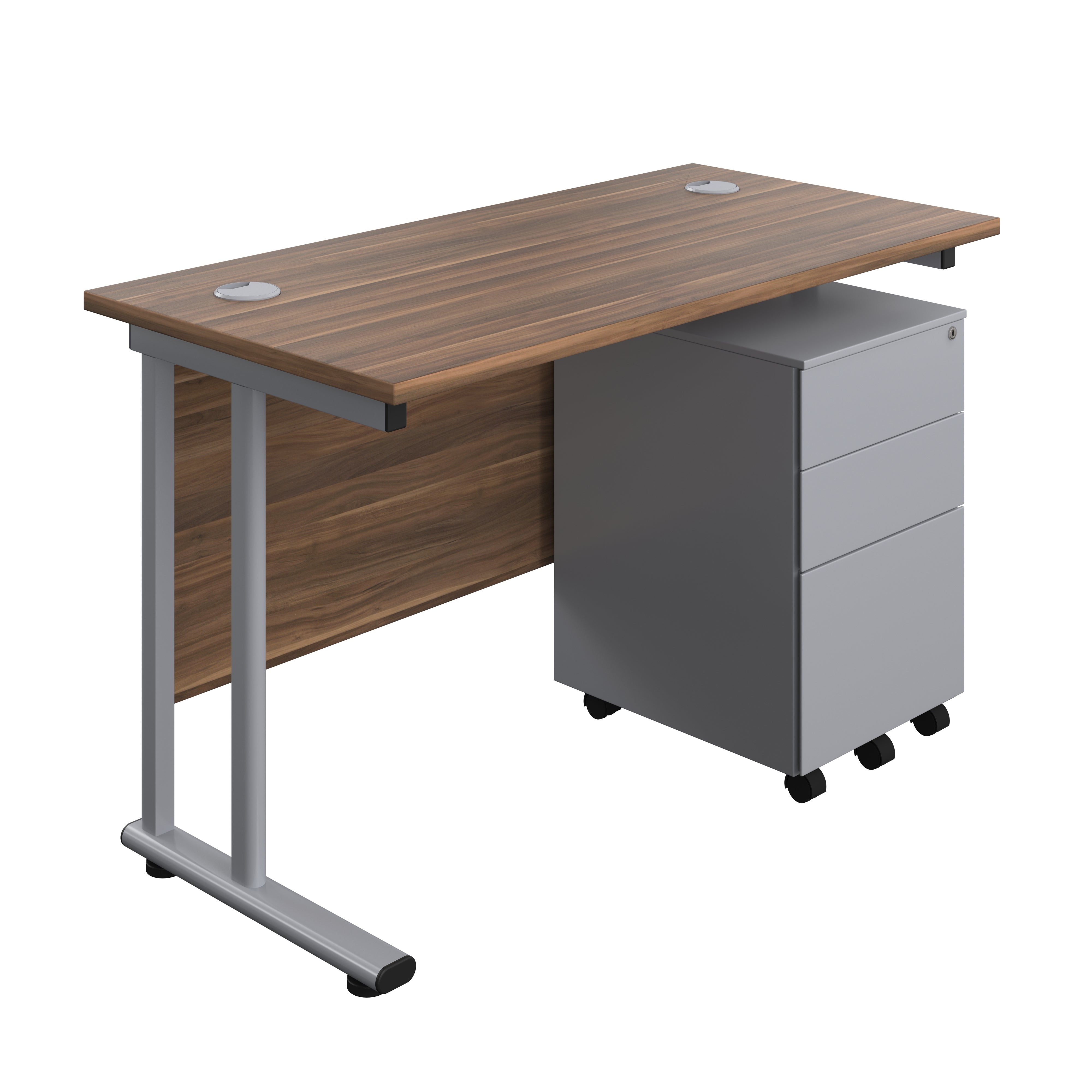 Twin Upright Rectangular Desk + Under Desk Steel Pedestal 3 Drawers (FSC) | 1200X600 | Dark Walnut/Silver