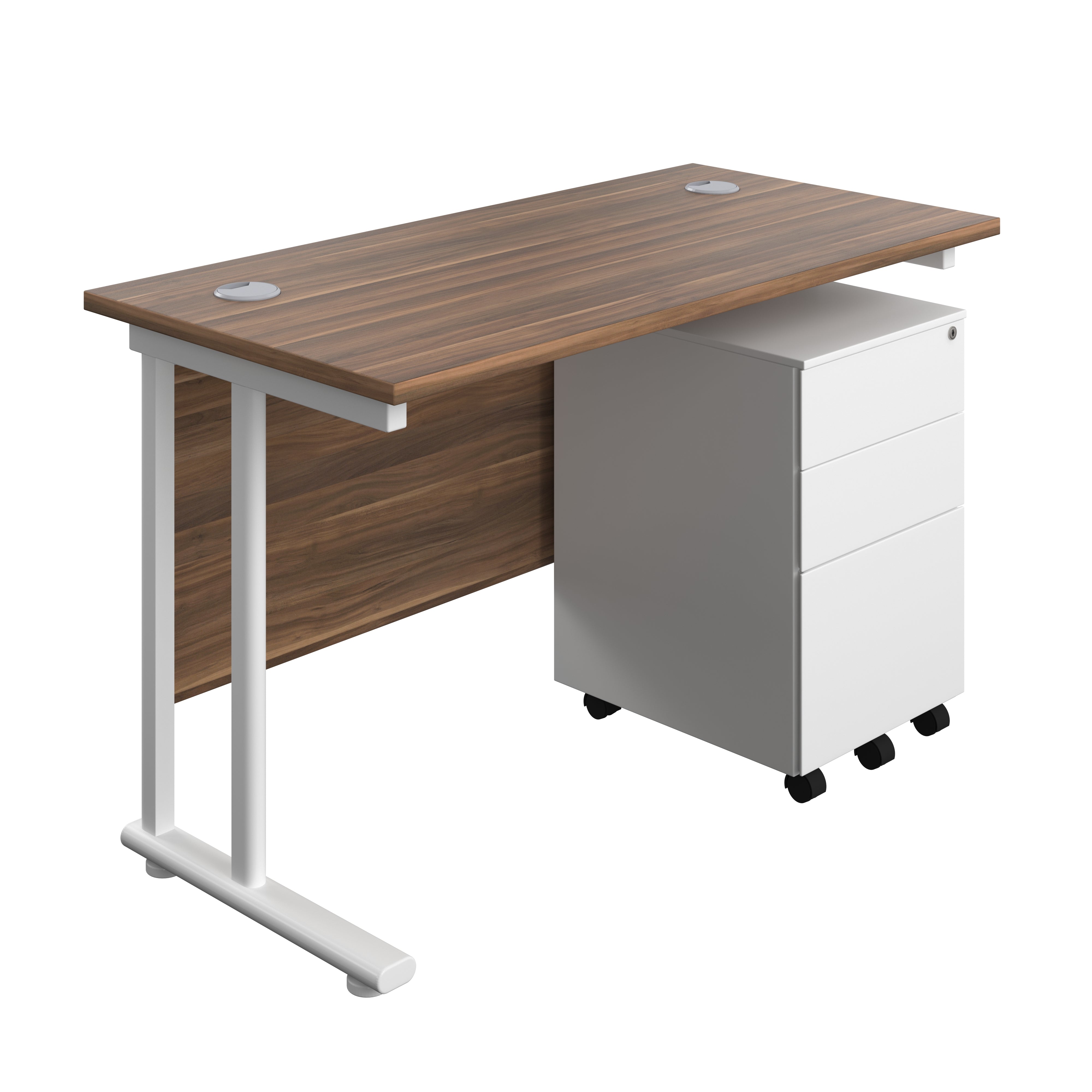 Twin Upright Rectangular Desk + Under Desk Steel Pedestal 3 Drawers (FSC) | 1200X600 | Dark Walnut/White