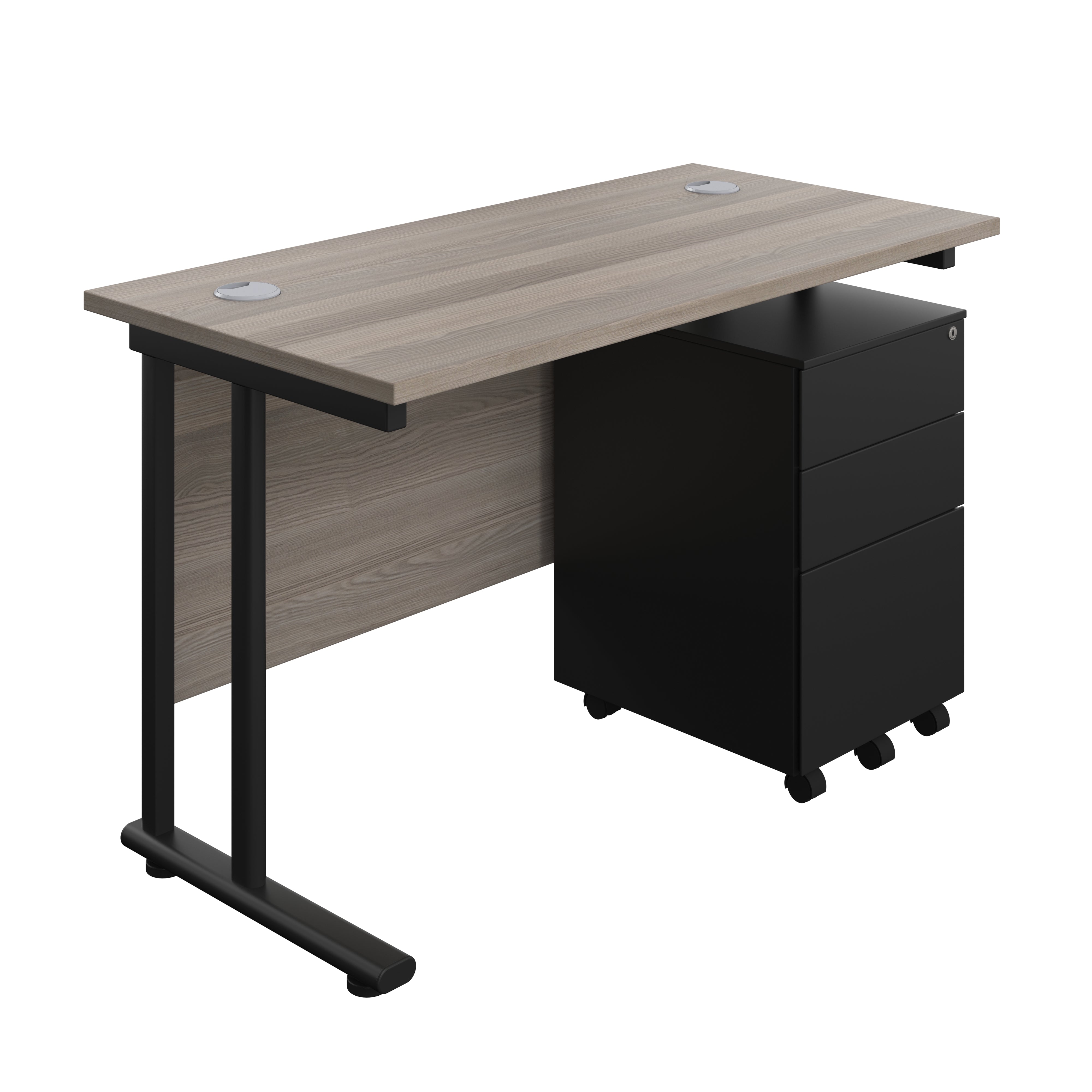 Twin Upright Rectangular Desk + Under Desk Steel Pedestal 3 Drawers (FSC) | 1200X600 | Grey Oak/Black