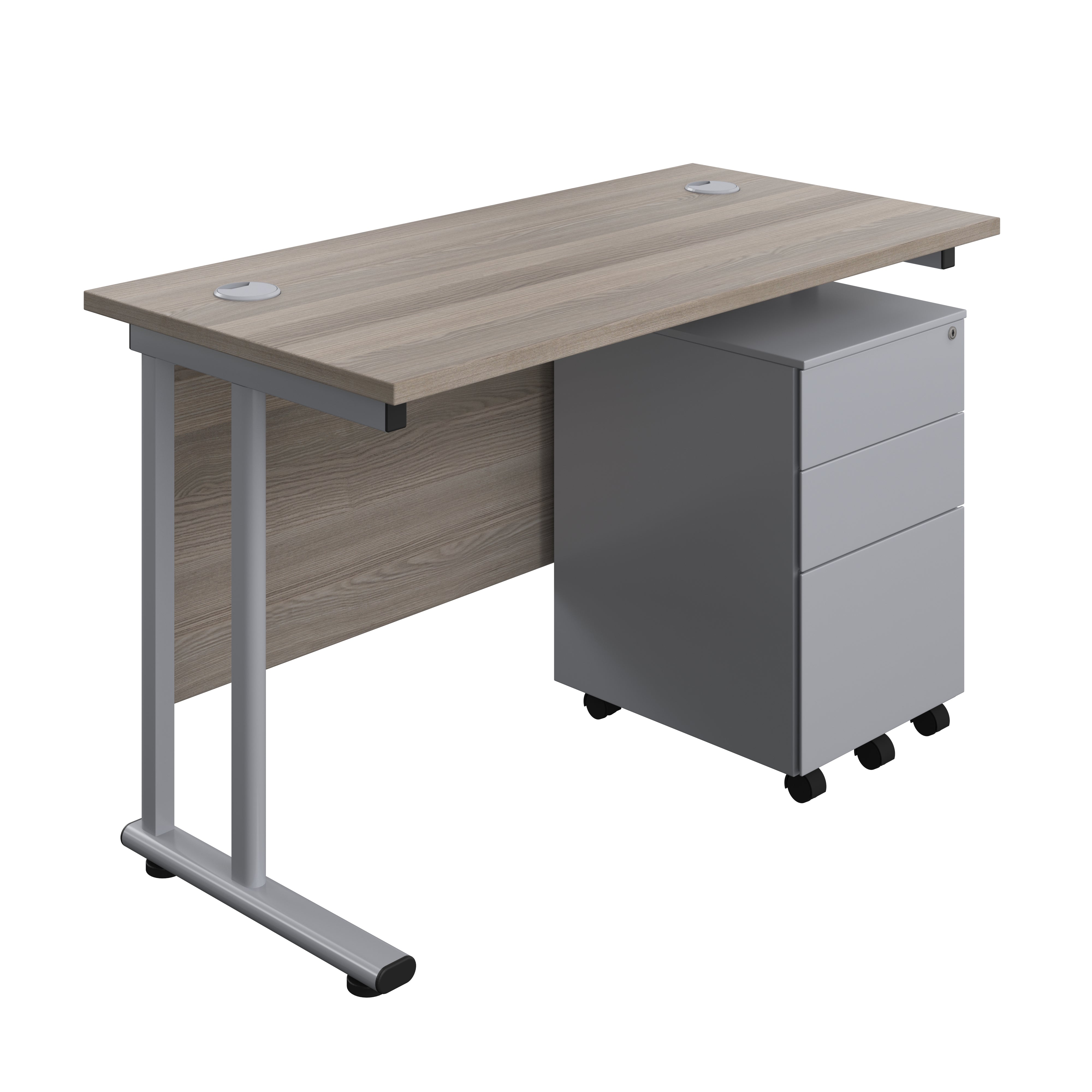Twin Upright Rectangular Desk + Under Desk Steel Pedestal 3 Drawers (FSC) | 1200X600 | Grey Oak/Silver