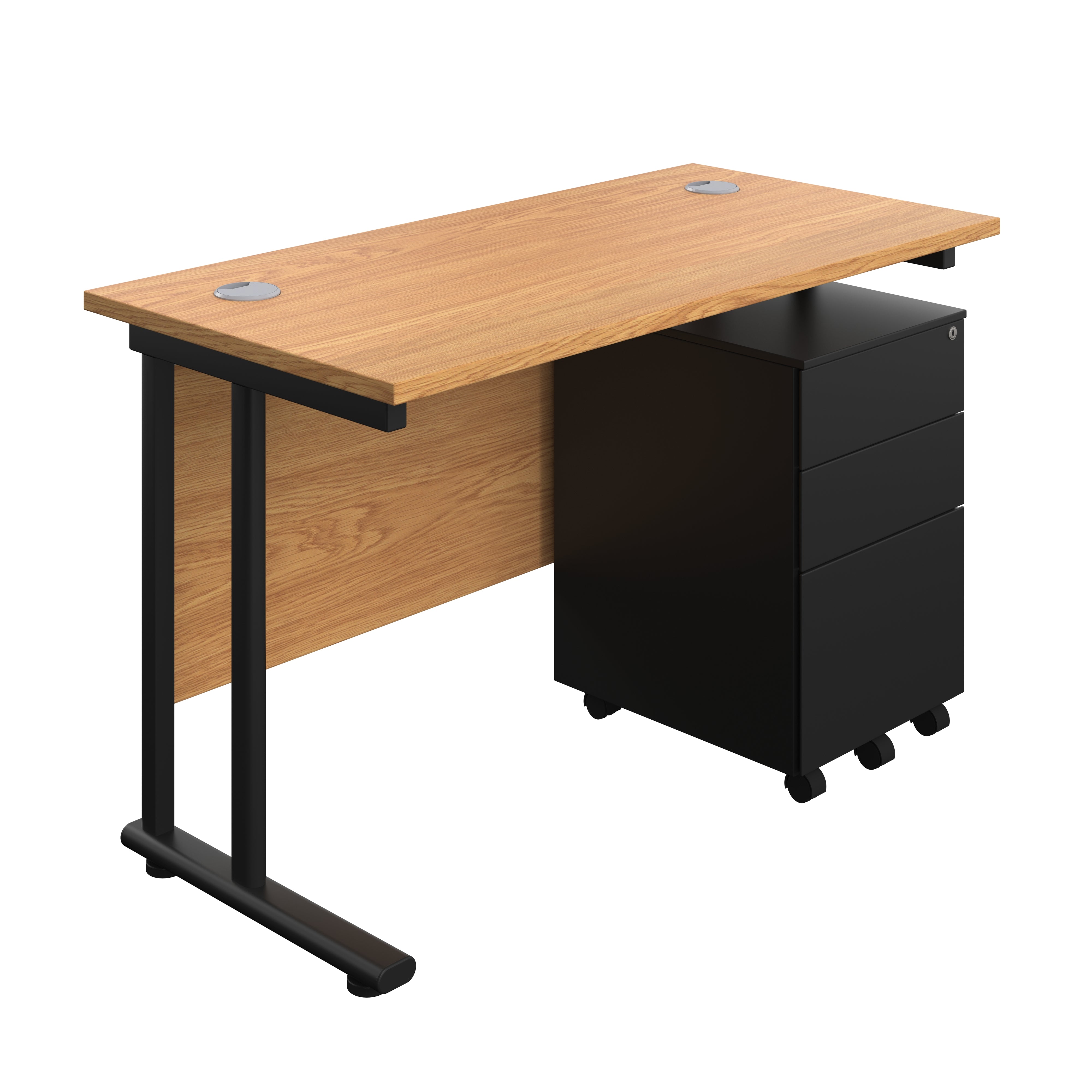 Twin Upright Rectangular Desk + Under Desk Steel Pedestal 3 Drawers (FSC) | 1200X600 | Nova Oak/Black