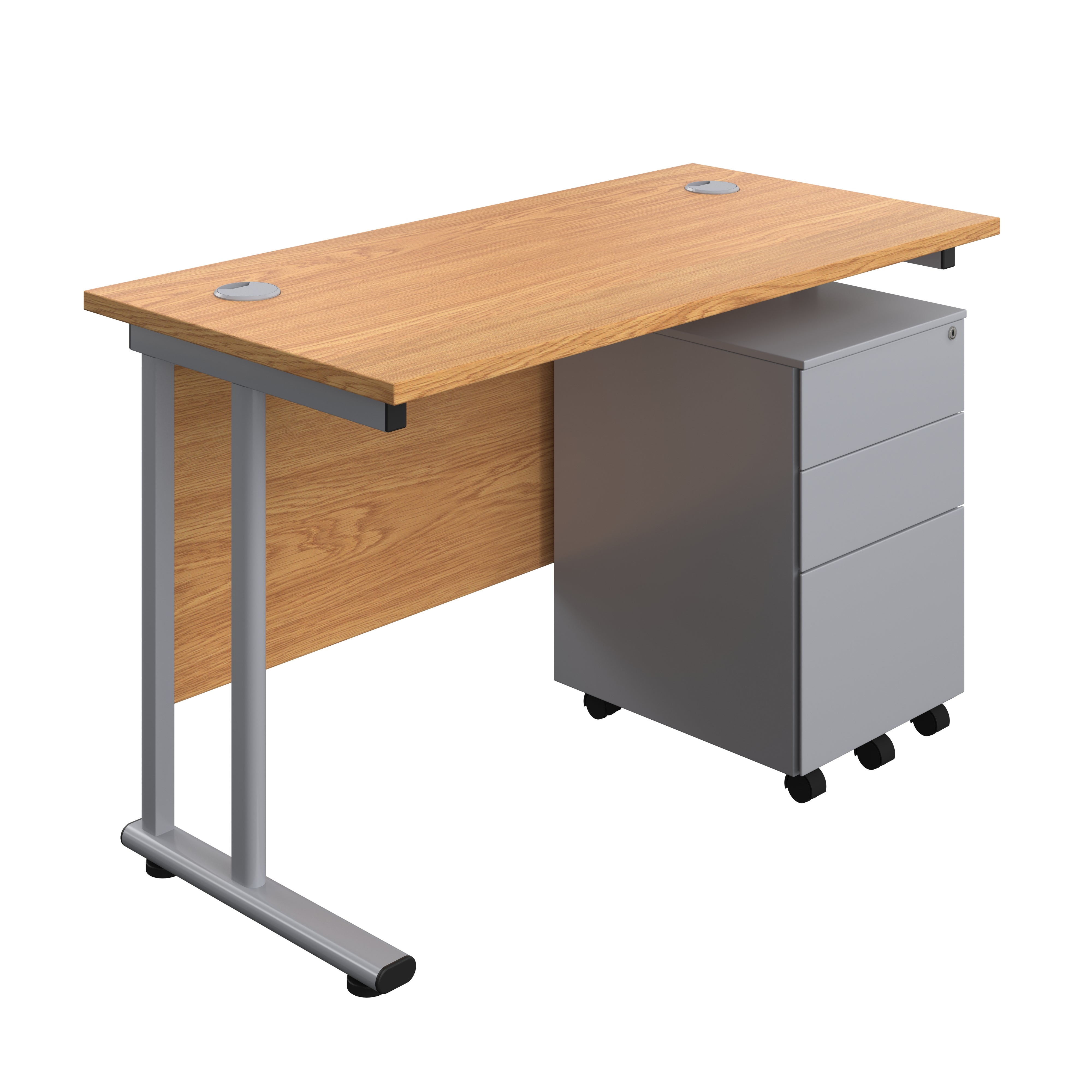 Twin Upright Rectangular Desk + Under Desk Steel Pedestal 3 Drawers (FSC) | 1200X600 | Nova Oak/Silver