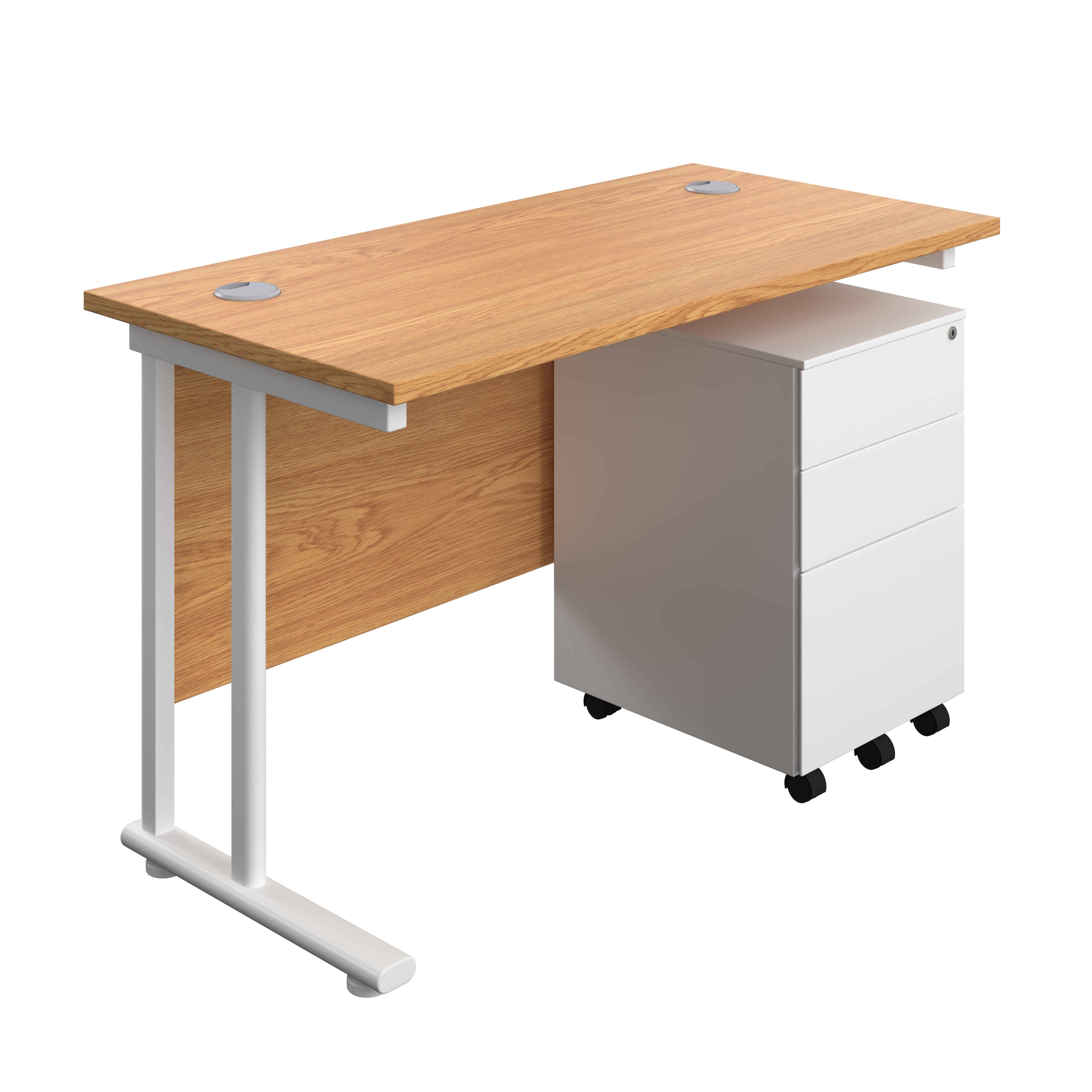 Twin Upright Rectangular Desk + Under Desk Steel Pedestal 3 Drawers (FSC) | 1200X600 | Nova Oak/White