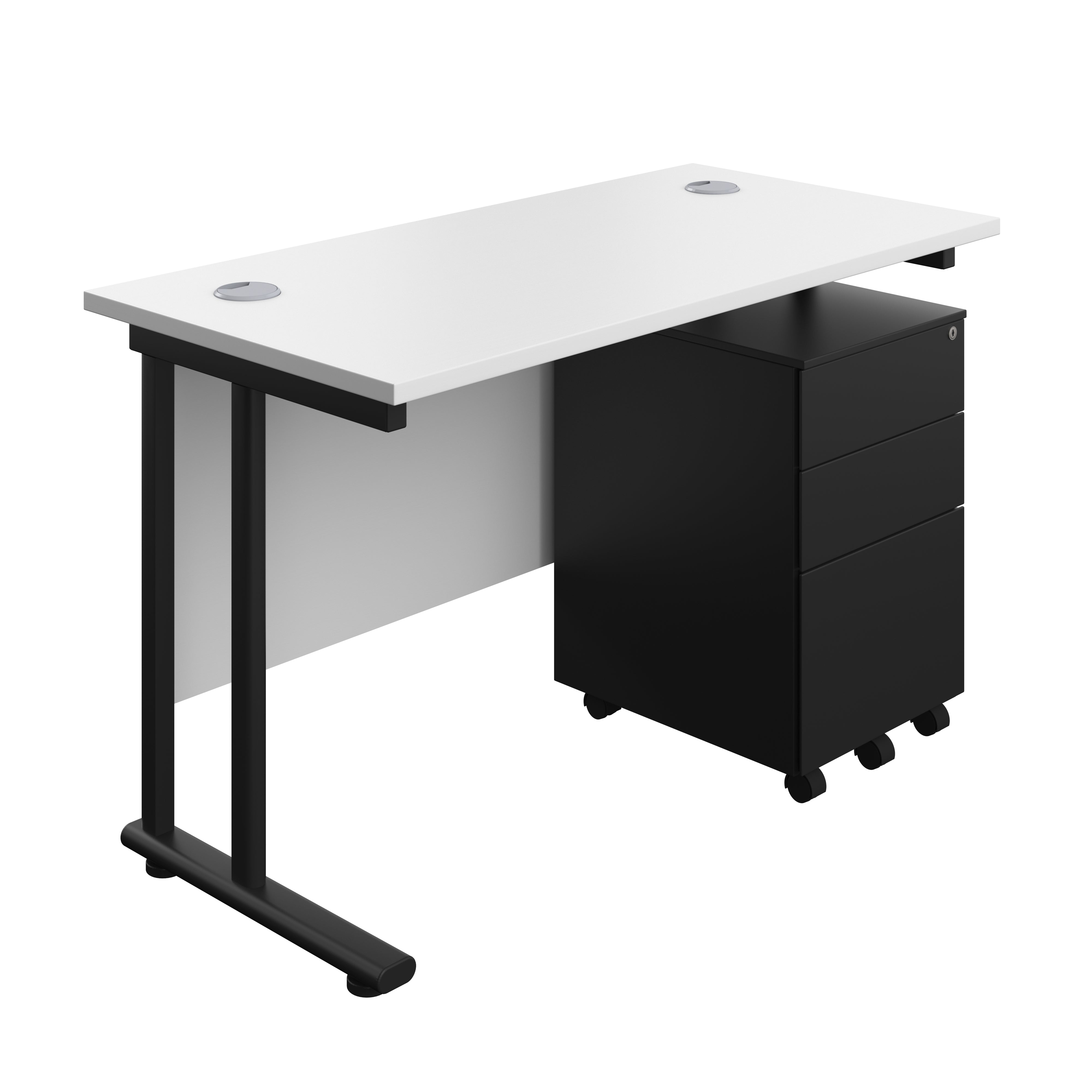 Twin Upright Rectangular Desk + Under Desk Steel Pedestal 3 Drawers (FSC) | 1200X600 | White/Black