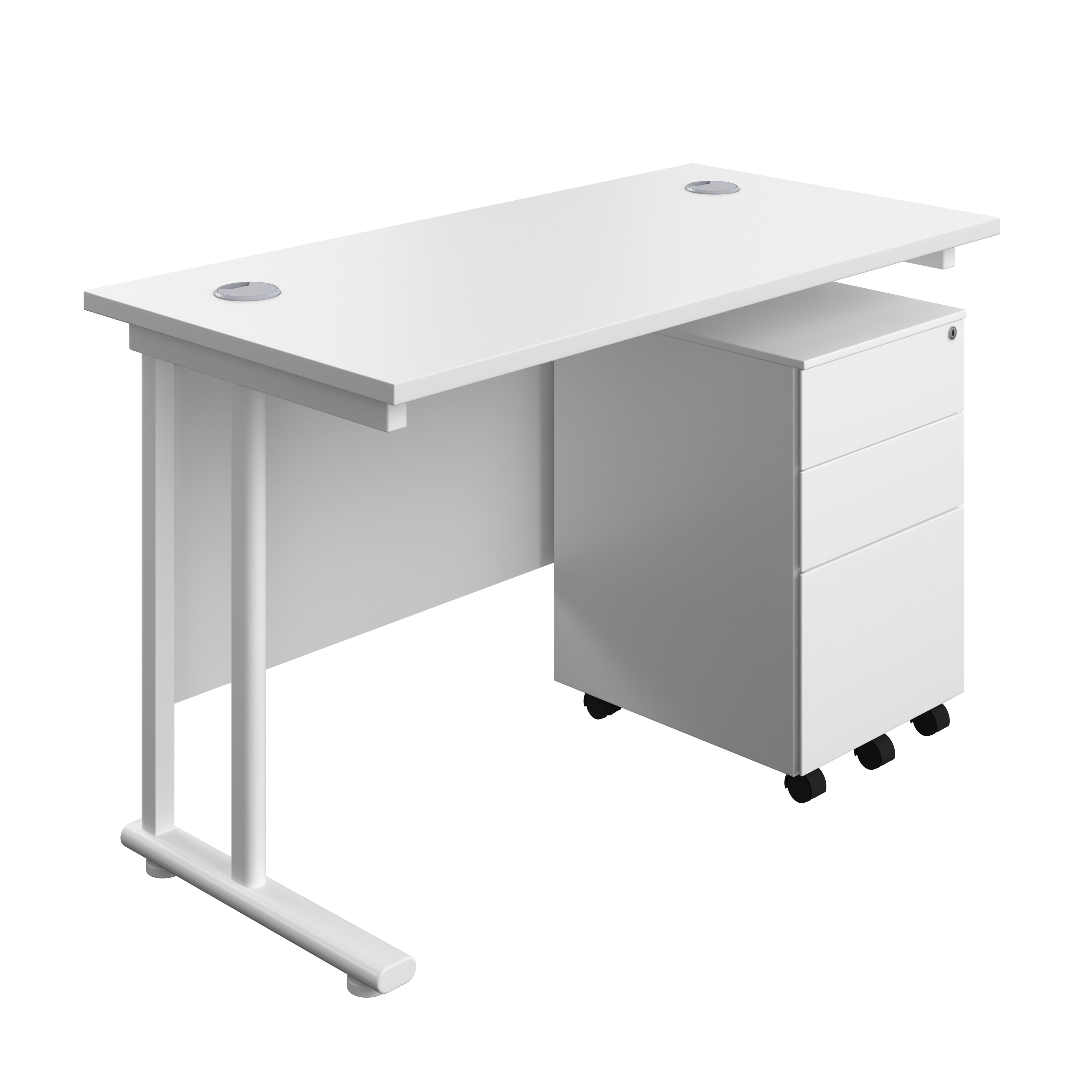 Twin Upright Rectangular Desk + Under Desk Steel Pedestal 3 Drawers (FSC) | 1200X600 | White/White