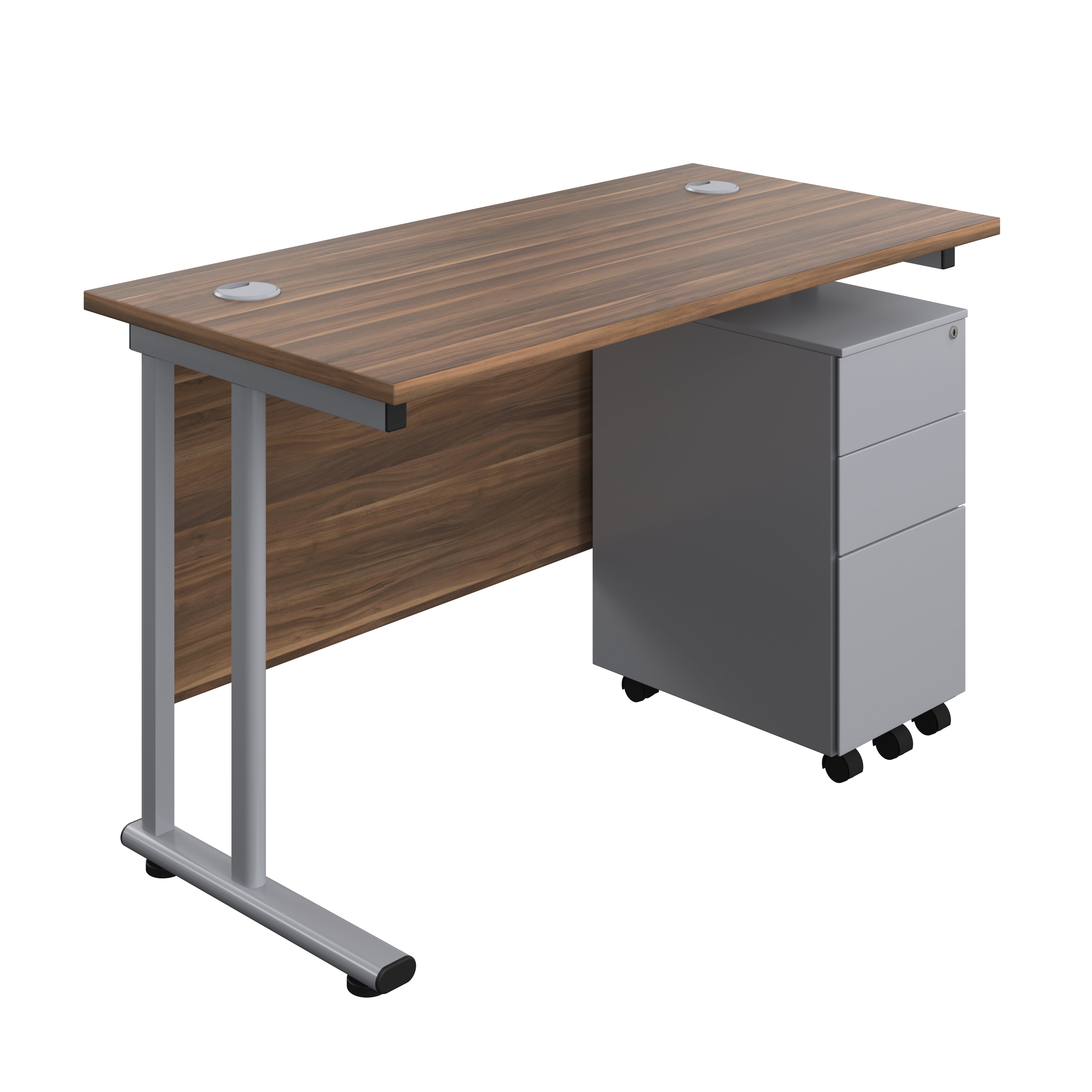 Twin Upright Rectangular Desk + Slimline Steel Pedestal 3 Drawers (FSC) | 1200X600 | Dark Walnut/Silver