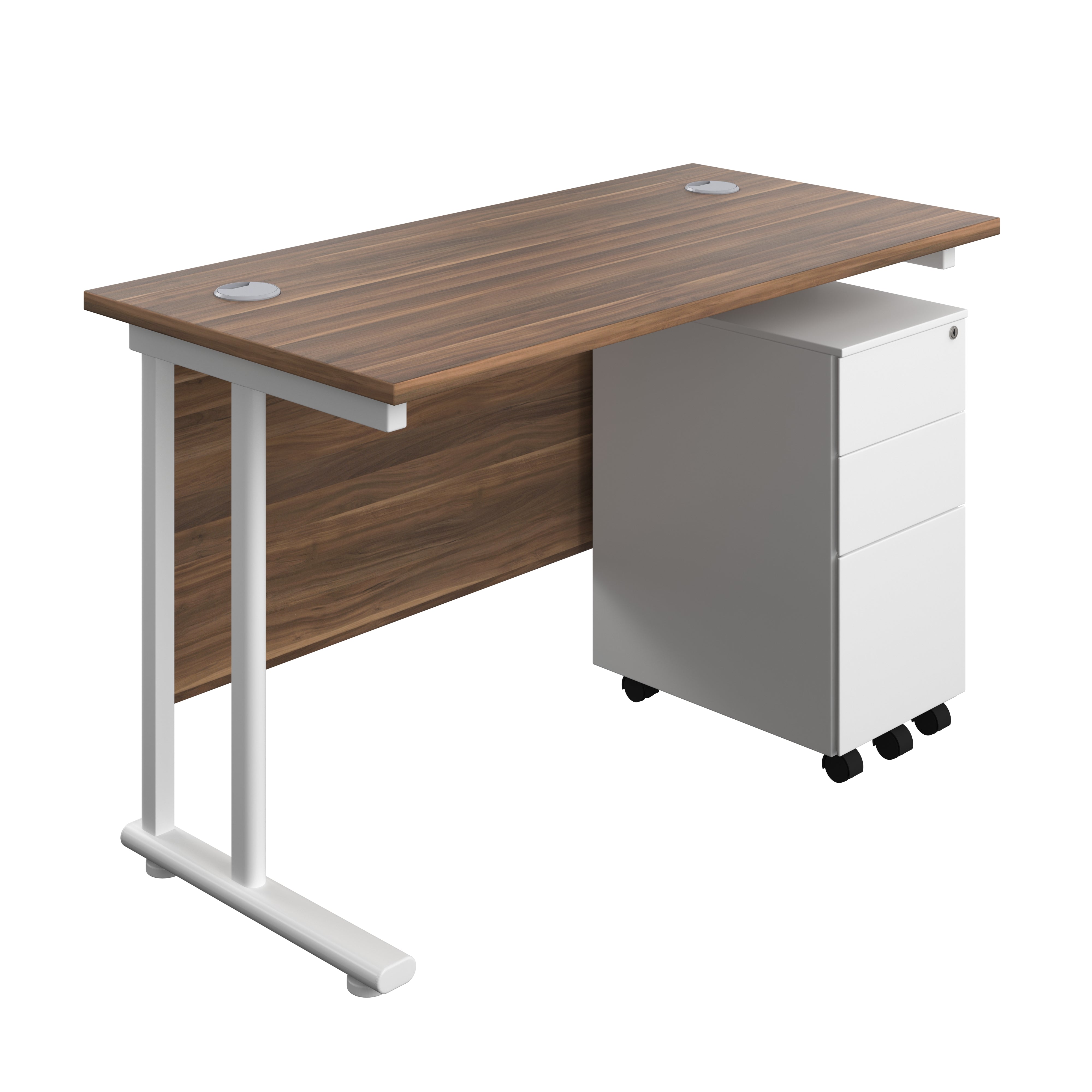 Twin Upright Rectangular Desk + Slimline Steel Pedestal 3 Drawers (FSC) | 1200X600 | Dark Walnut/White