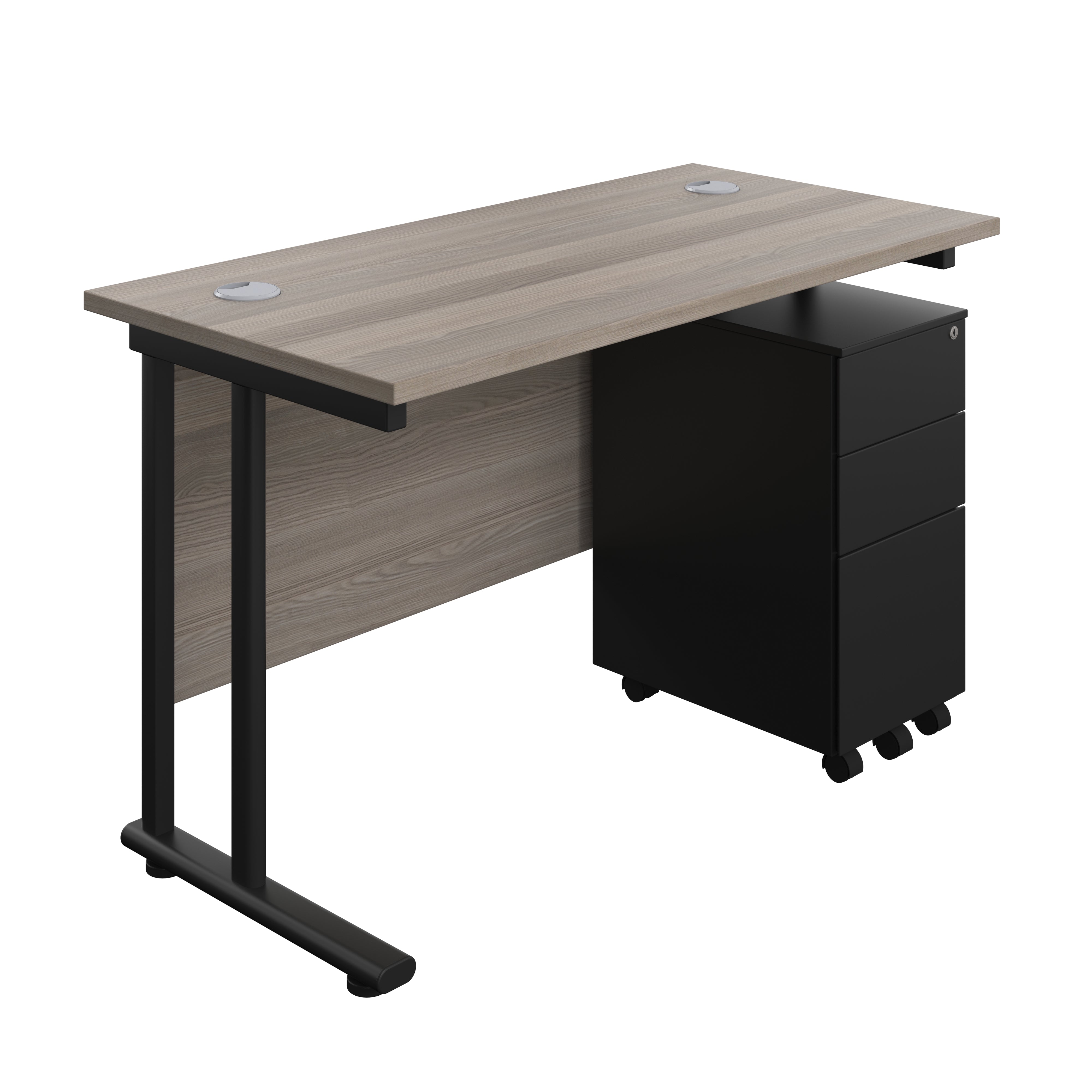 Twin Upright Rectangular Desk + Slimline Steel Pedestal 3 Drawers (FSC) | 1200X600 | Grey Oak/Black