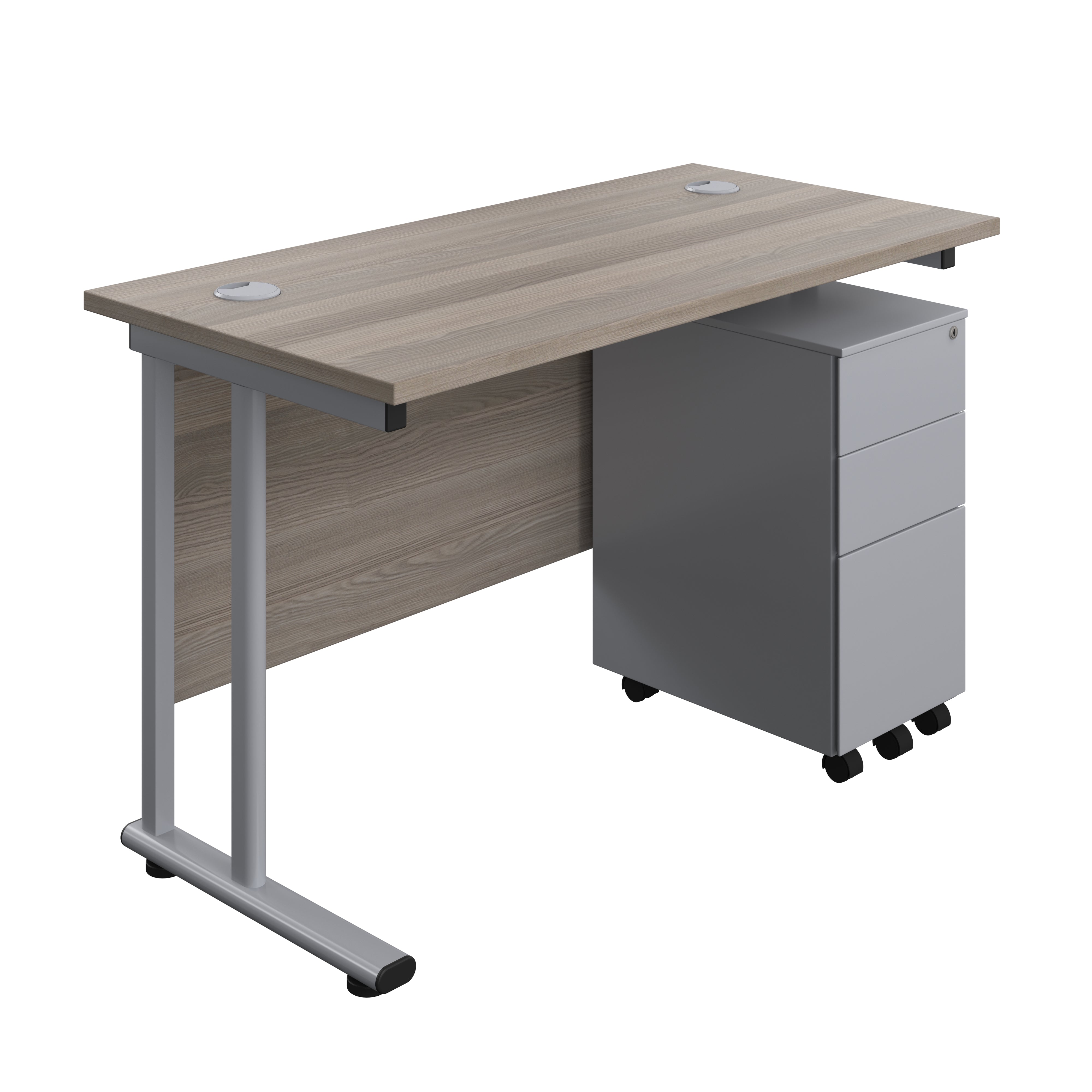 Twin Upright Rectangular Desk + Slimline Steel Pedestal 3 Drawers (FSC) | 1200X600 | Grey Oak/Silver
