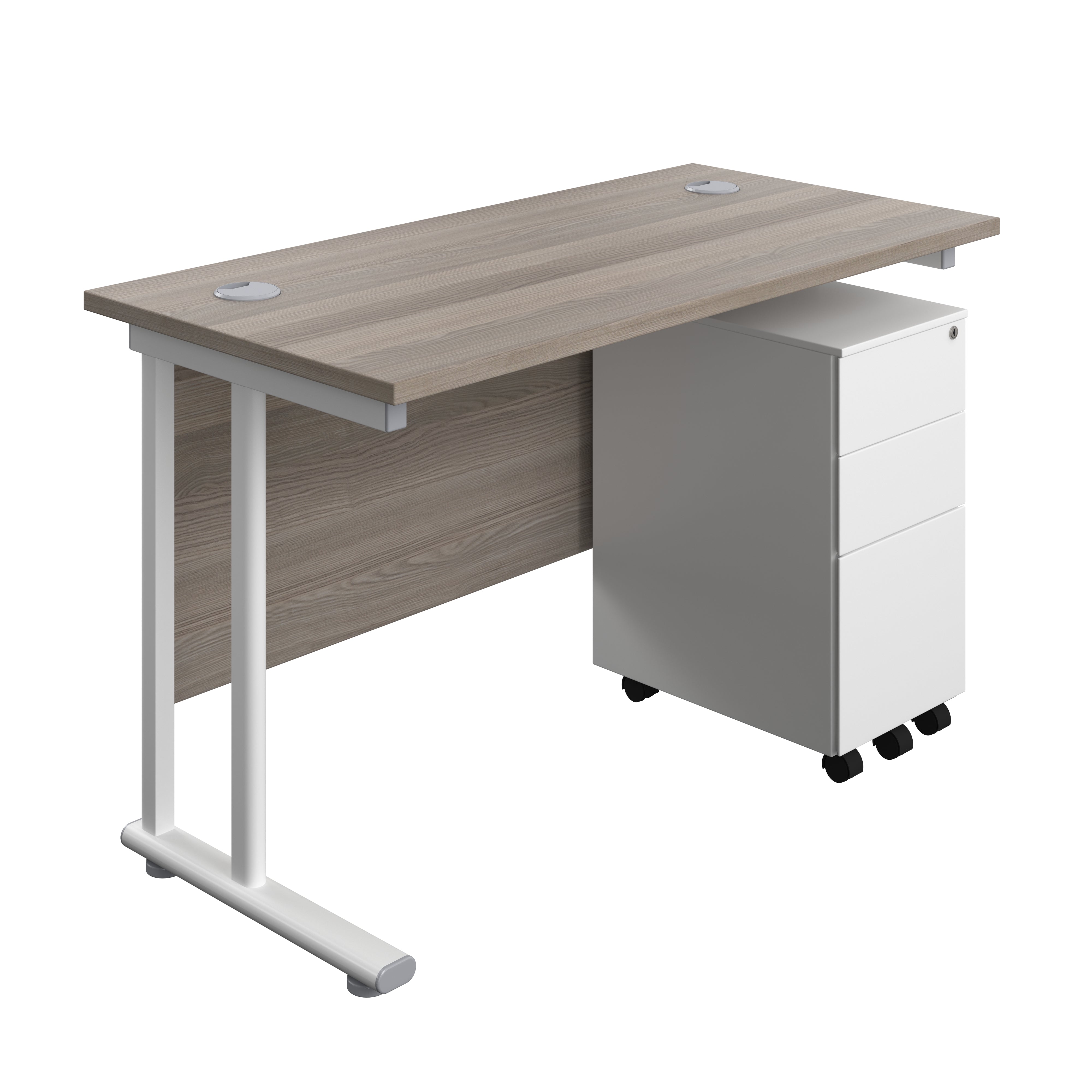 Twin Upright Rectangular Desk + Slimline Steel Pedestal 3 Drawers (FSC) | 1200X600 | Grey Oak/White