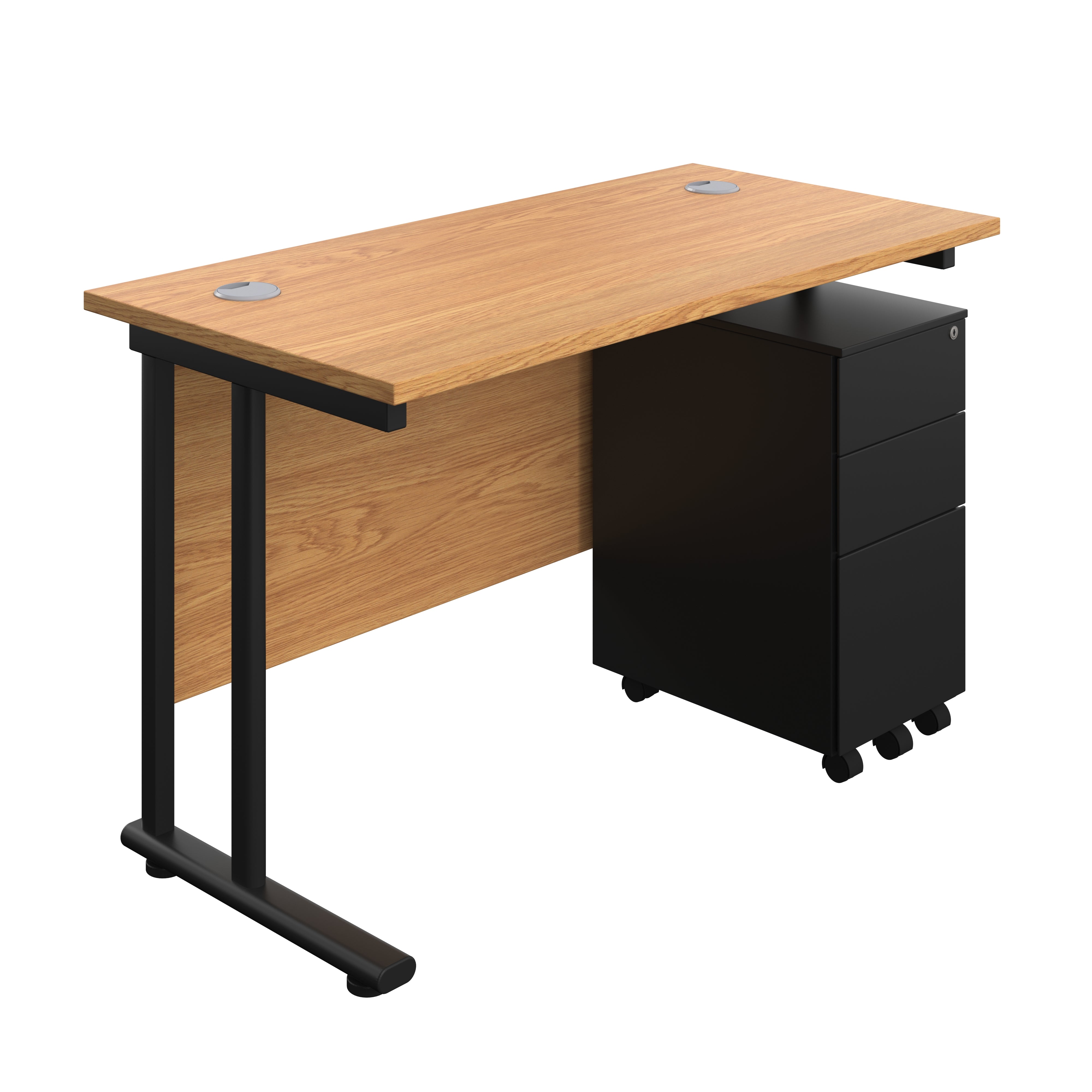 Twin Upright Rectangular Desk + Slimline Steel Pedestal 3 Drawers (FSC) | 1200X600 | Nova Oak/Black