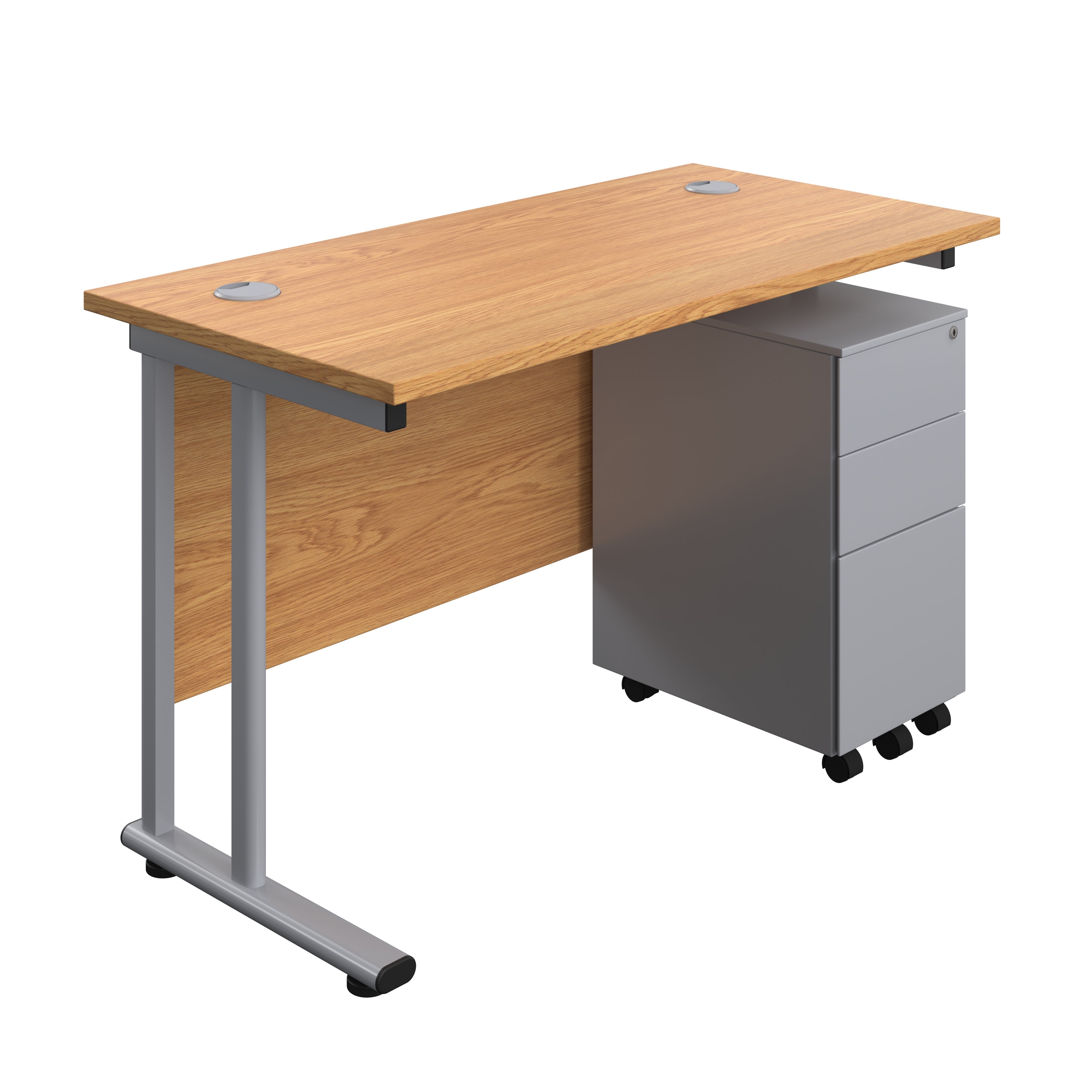 Twin Upright Rectangular Desk + Slimline Steel Pedestal 3 Drawers (FSC) | 1200X600 | Nova Oak/Silver