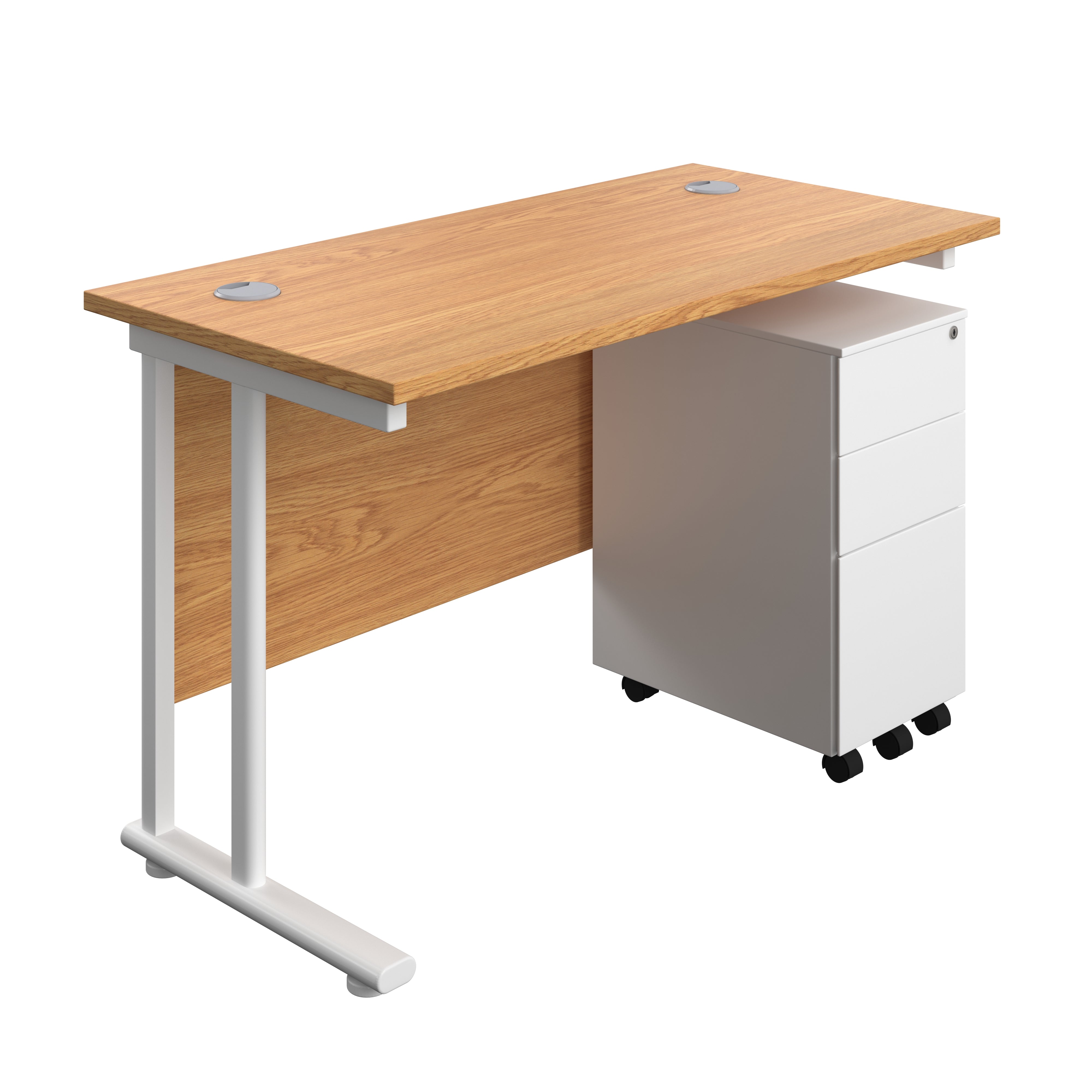 Twin Upright Rectangular Desk + Slimline Steel Pedestal 3 Drawers (FSC) | 1200X600 | Nova Oak/White