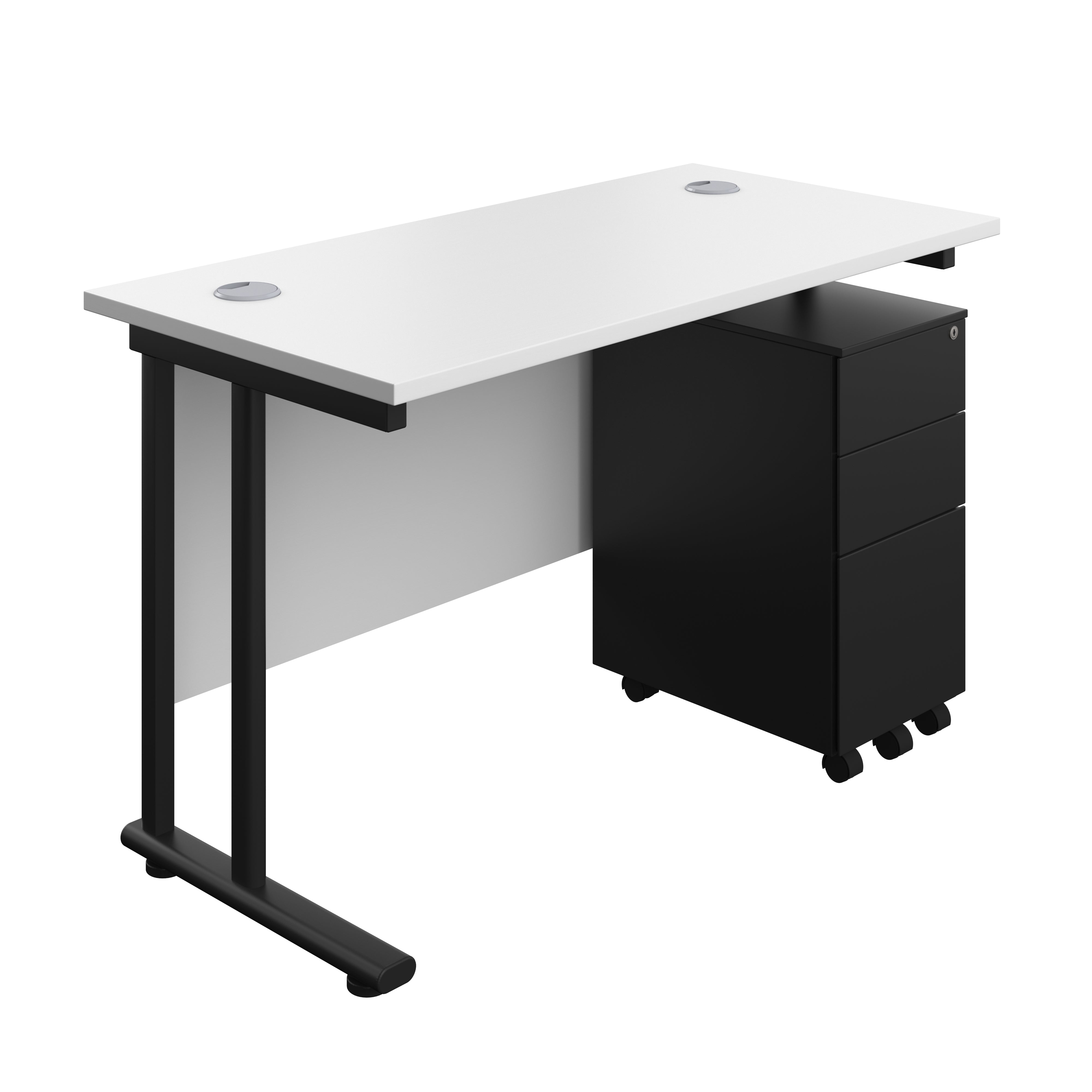 Twin Upright Rectangular Desk + Slimline Steel Pedestal 3 Drawers (FSC) | 1200X600 | White/Black