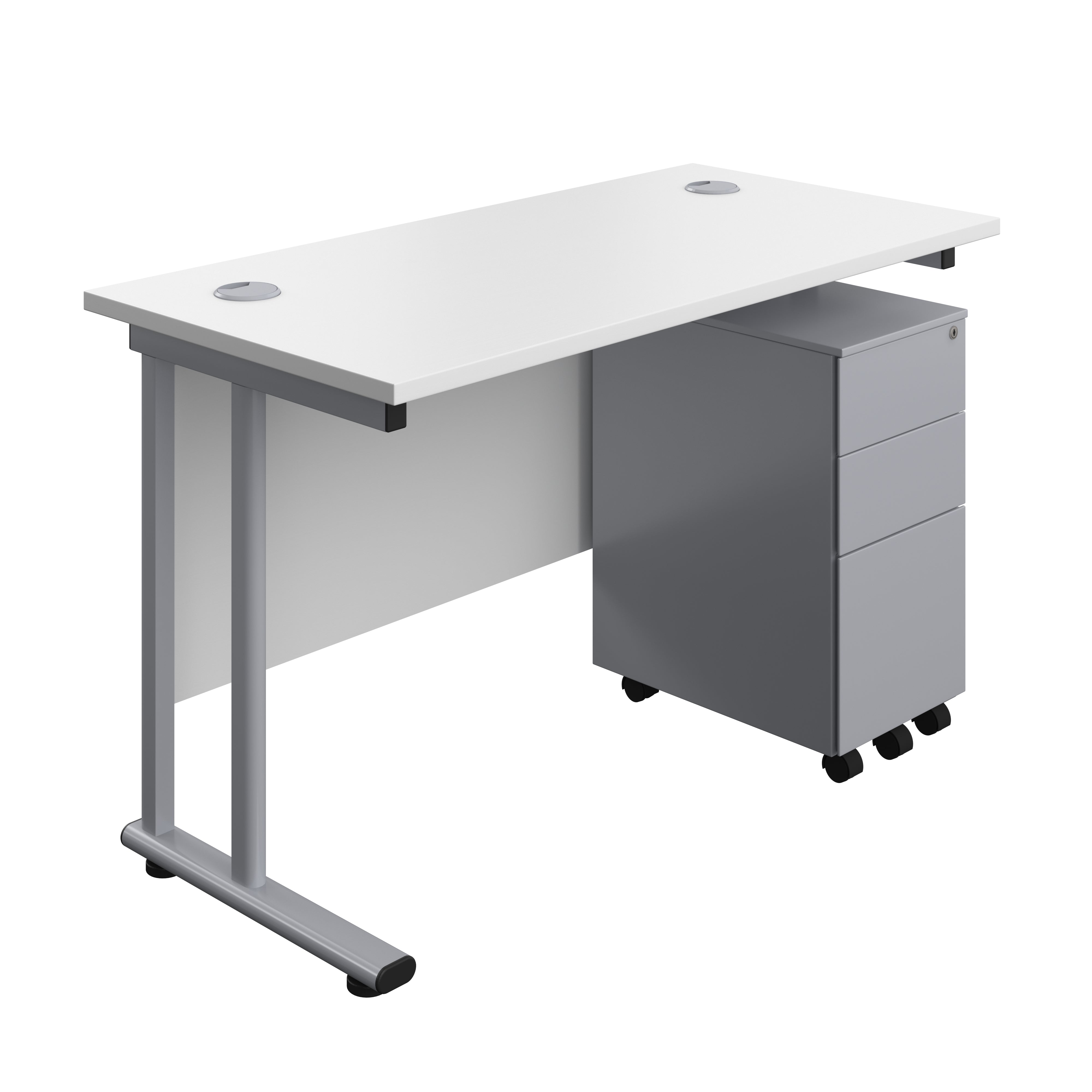 Twin Upright Rectangular Desk + Slimline Steel Pedestal 3 Drawers (FSC) | 1200X600 | White/Silver