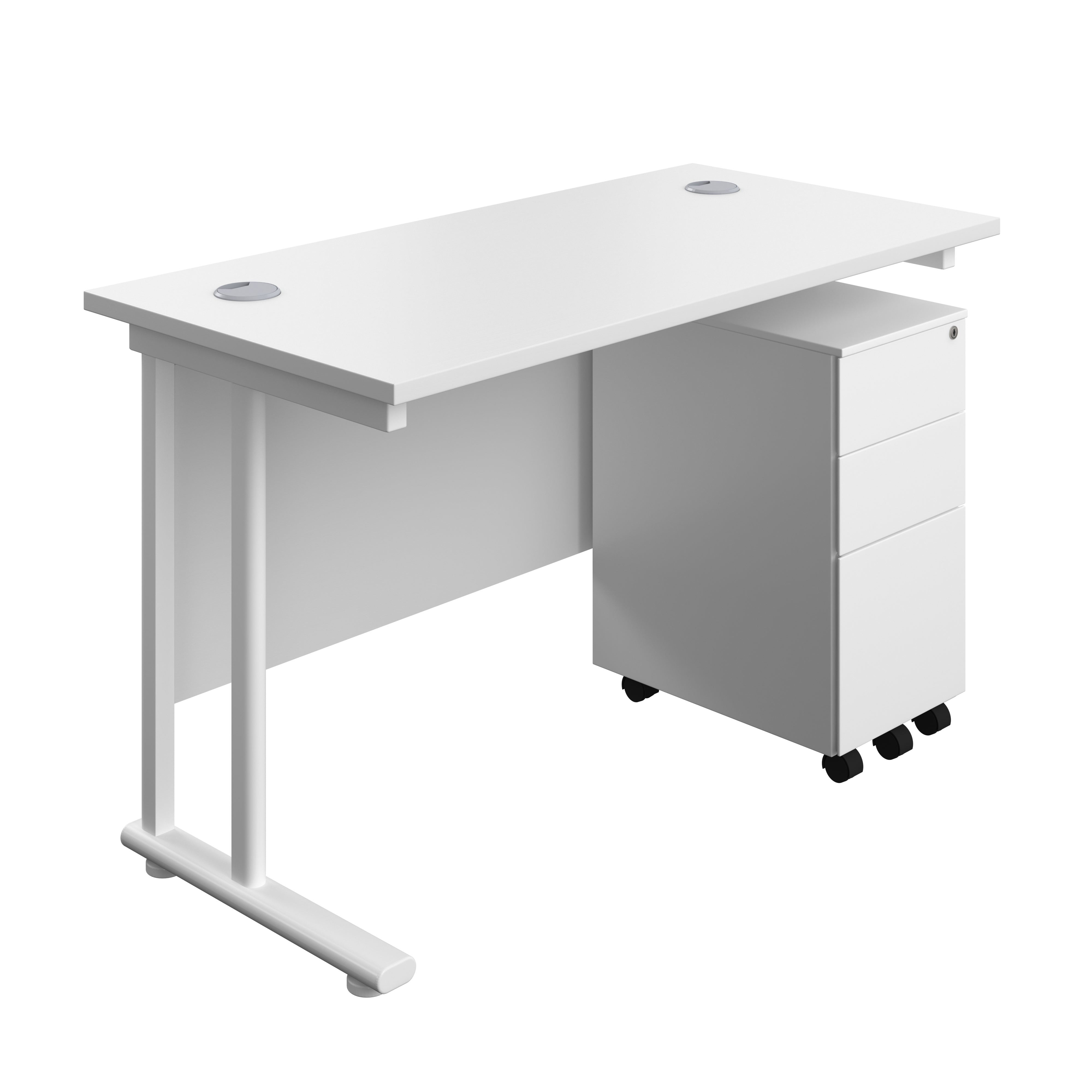 Twin Upright Rectangular Desk + Slimline Steel Pedestal 3 Drawers (FSC) | 1200X600 | White/White