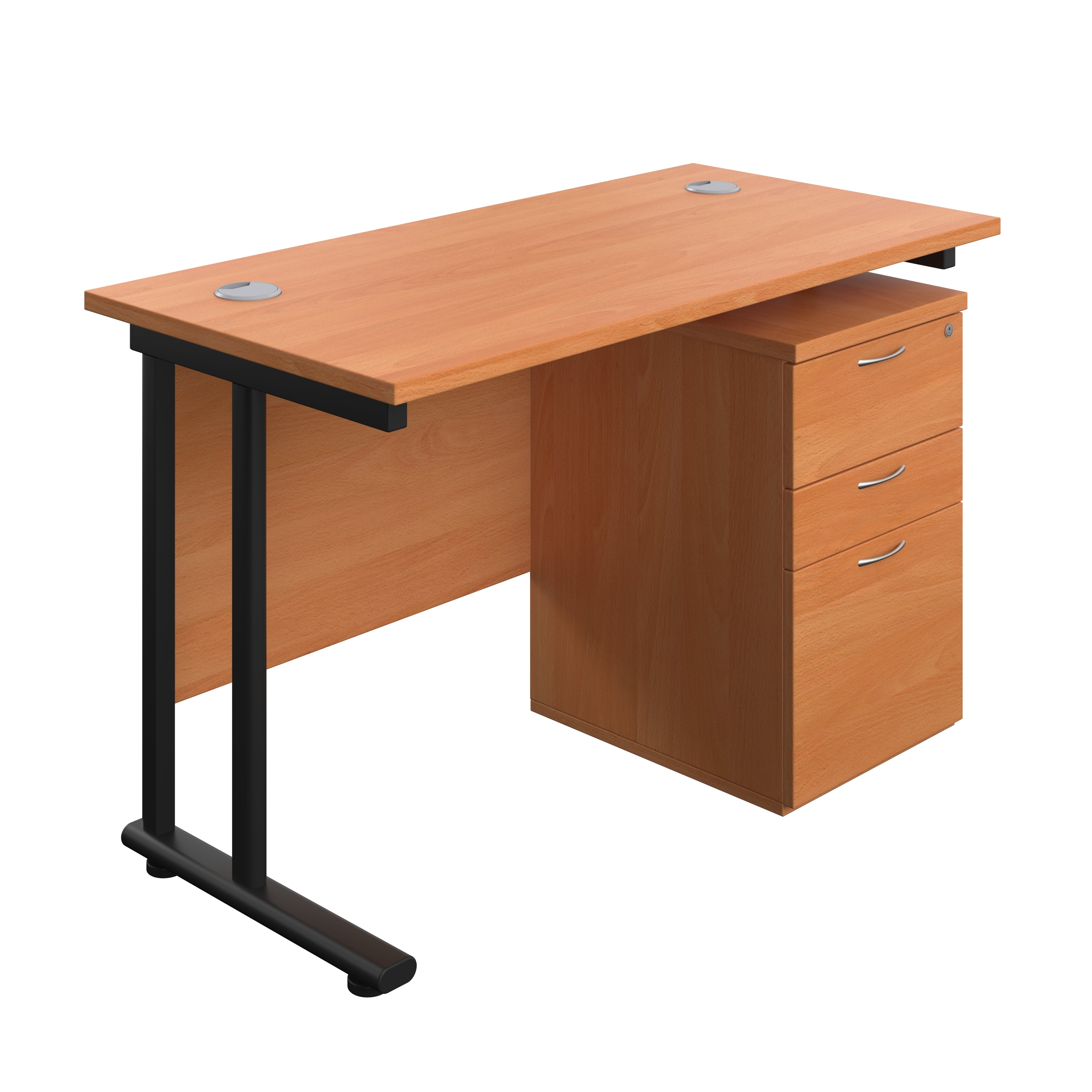 Twin Upright Rectangular Desk + High Mobile Pedestal 3 Drawer (FSC) | 1200X600 | Beech/Black