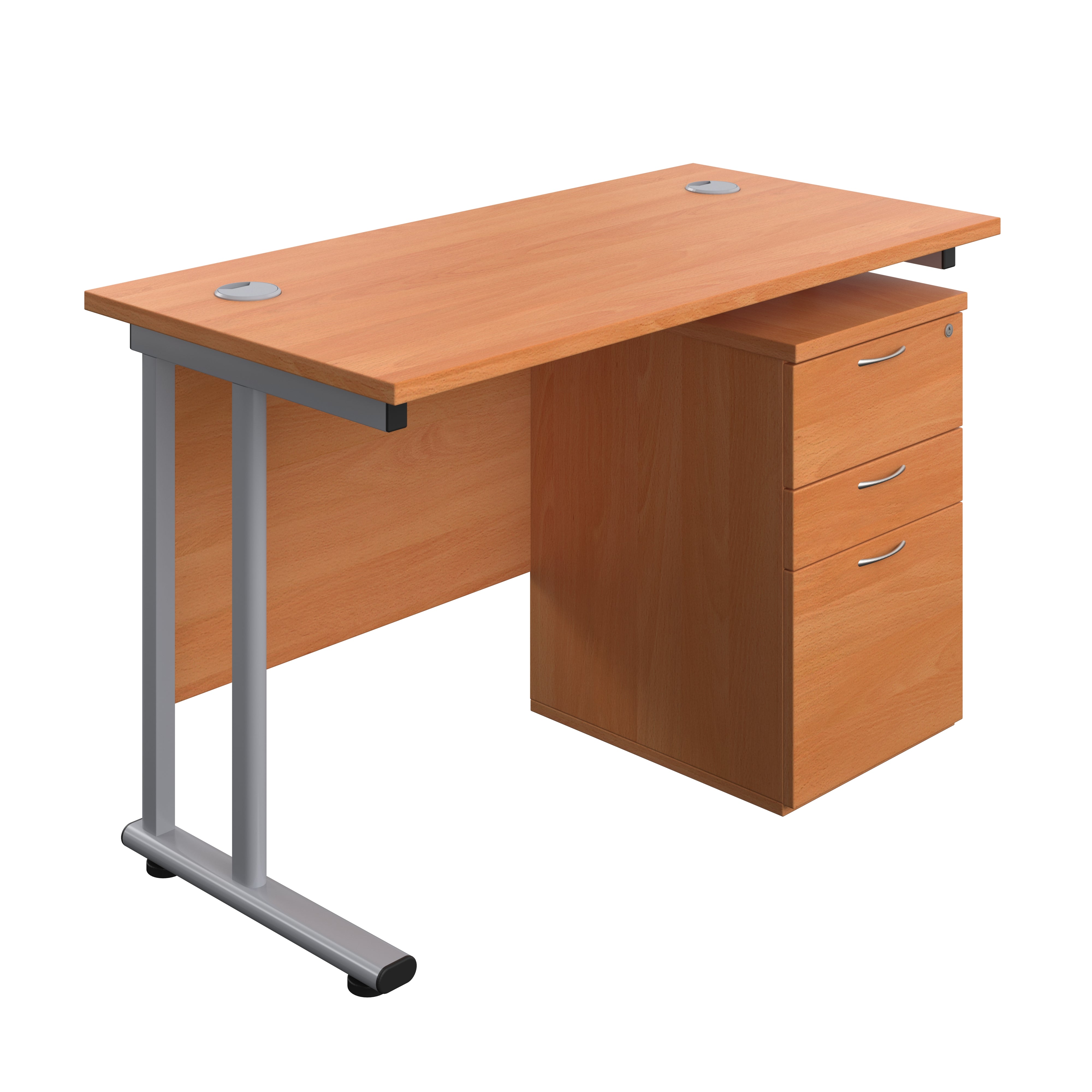 Twin Upright Rectangular Desk + High Mobile Pedestal 3 Drawer (FSC) | 1200X600 | Beech/Silver