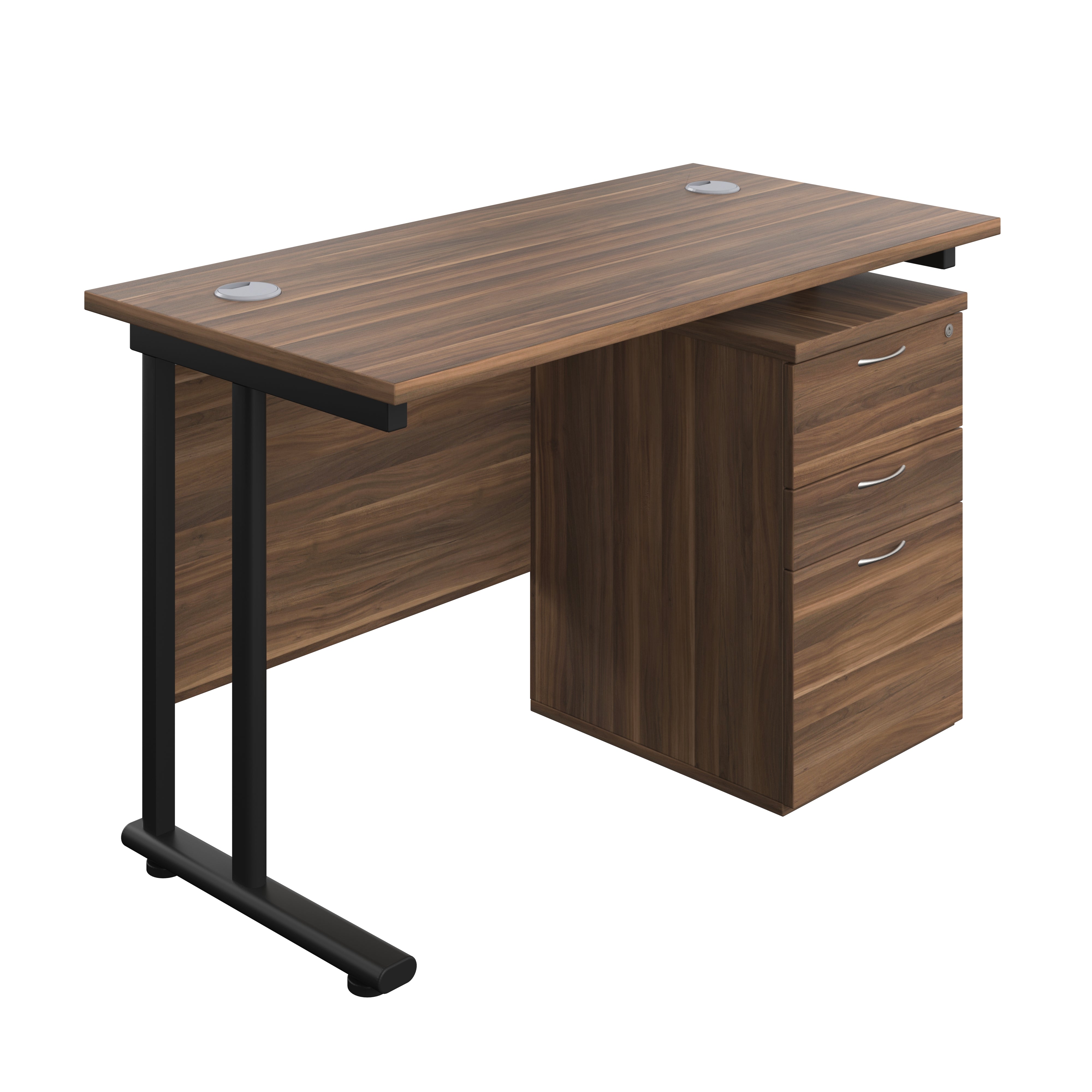 Twin Upright Rectangular Desk + High Mobile Pedestal 3 Drawer (FSC) | 1200X600 | Dark Walnut/Black