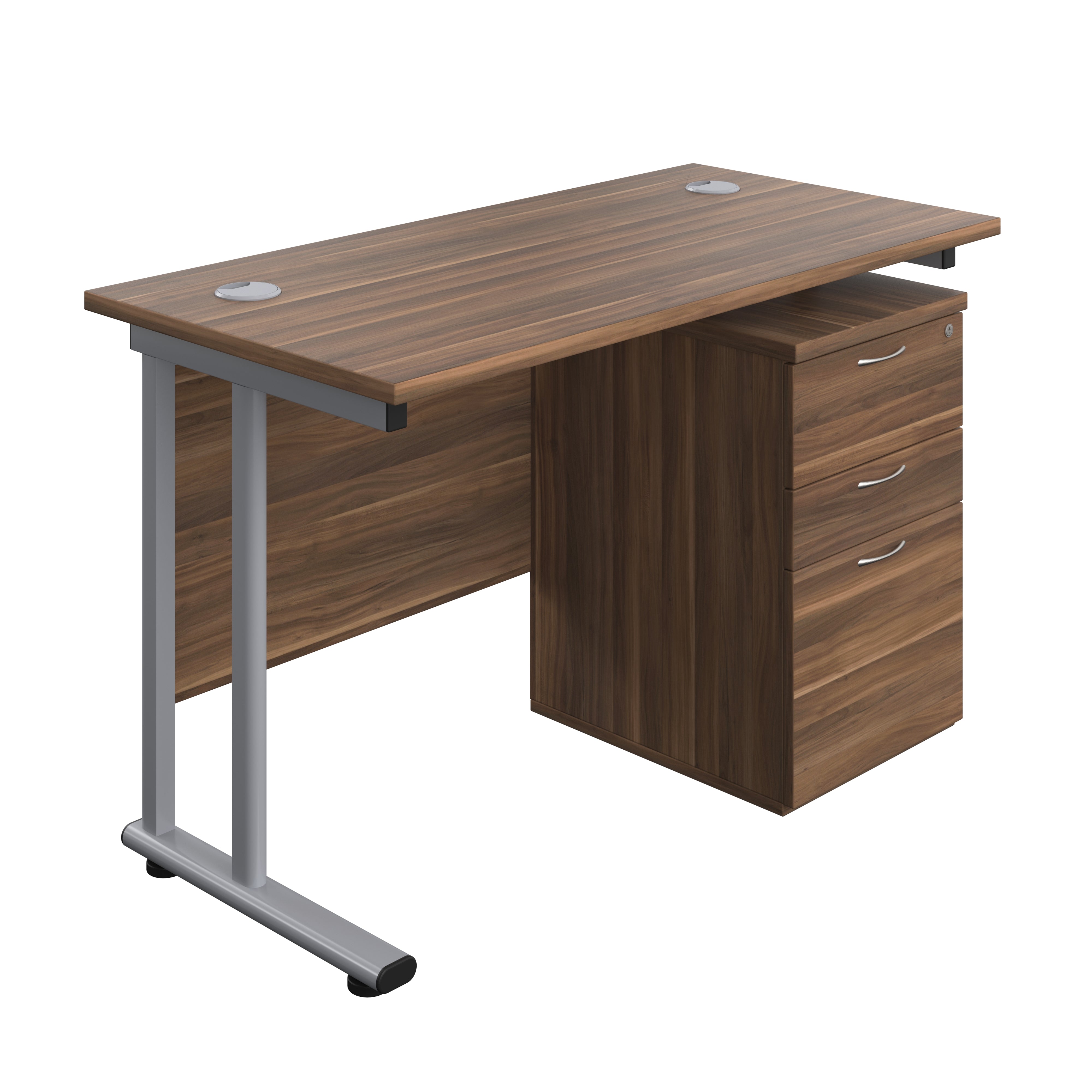 Twin Upright Rectangular Desk + High Mobile Pedestal 3 Drawer (FSC) | 1200X600 | Dark Walnut/Silver