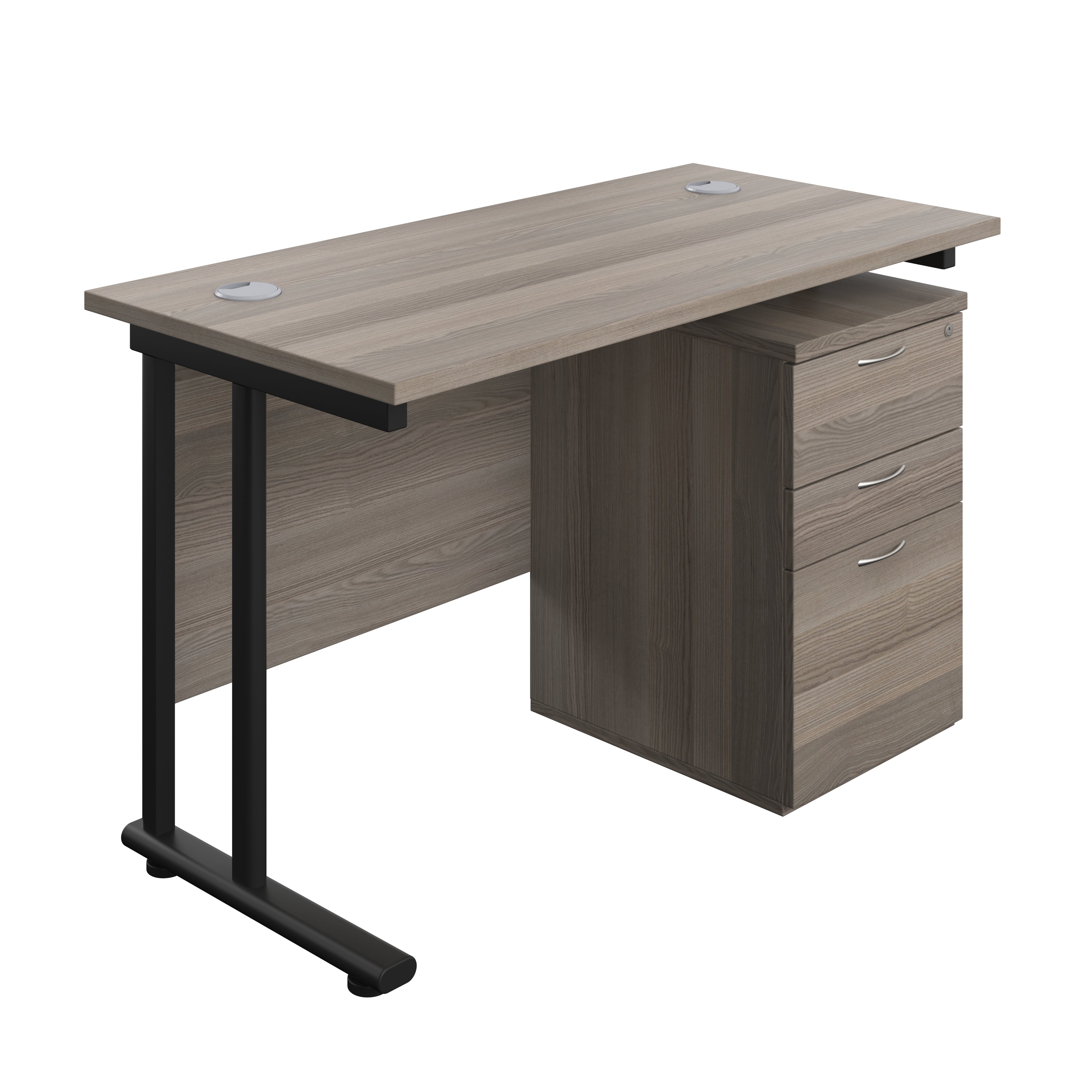 Twin Upright Rectangular Desk + High Mobile Pedestal 3 Drawer (FSC) | 1200X600 | Grey Oak/Black
