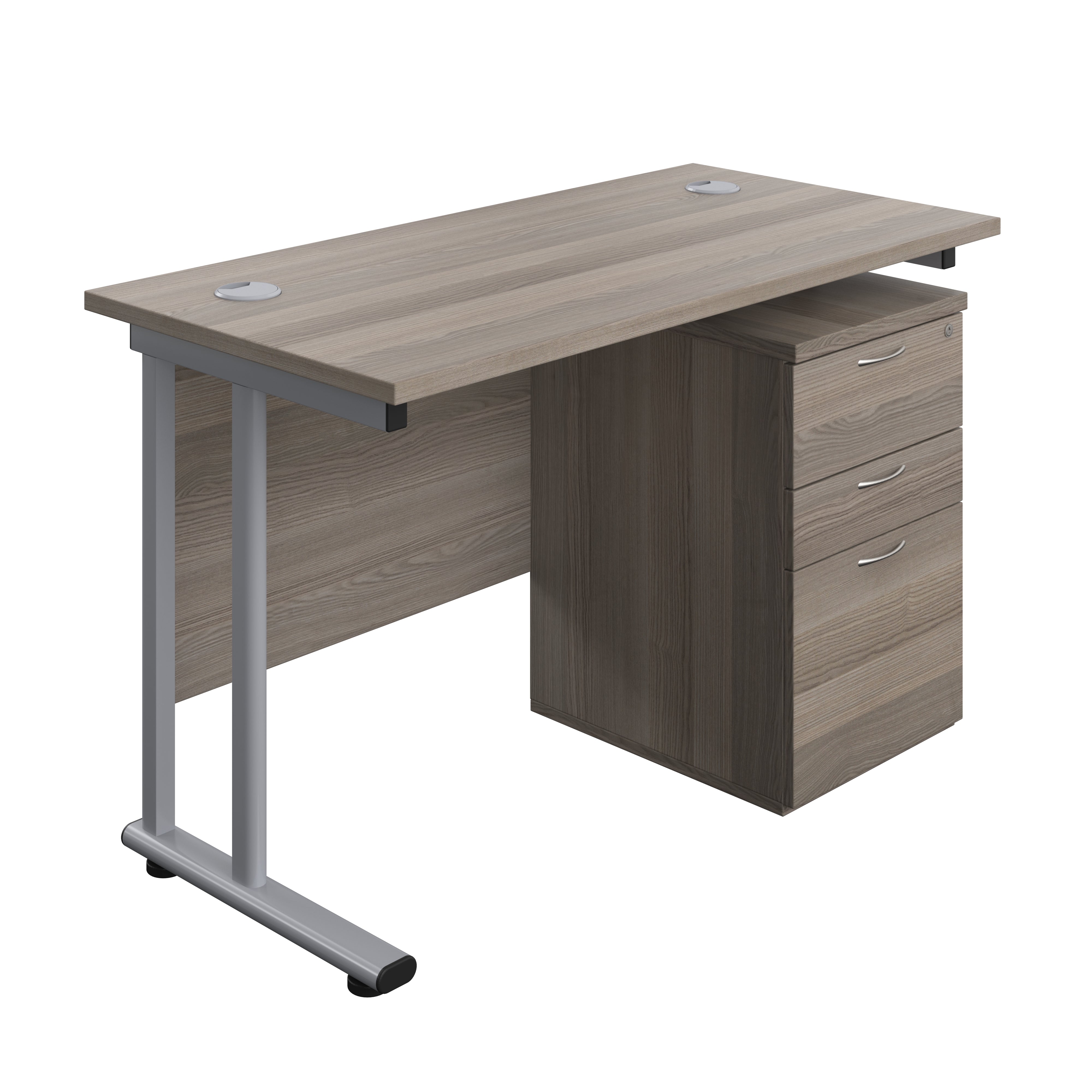 Twin Upright Rectangular Desk + High Mobile Pedestal 3 Drawer (FSC) | 1200X600 | Grey Oak/Silver