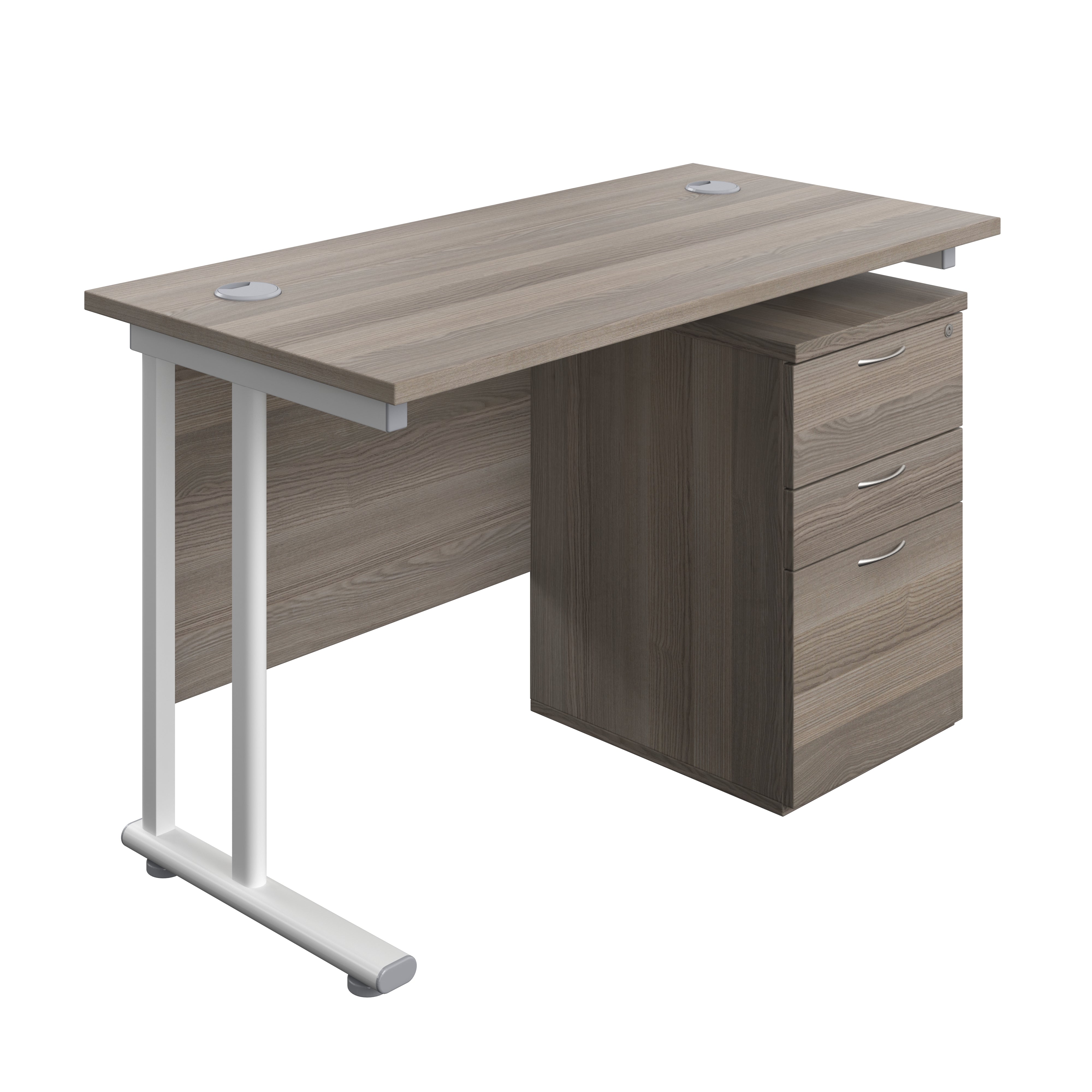 Twin Upright Rectangular Desk + High Mobile Pedestal 3 Drawer (FSC) | 1200X600 | Grey Oak/White