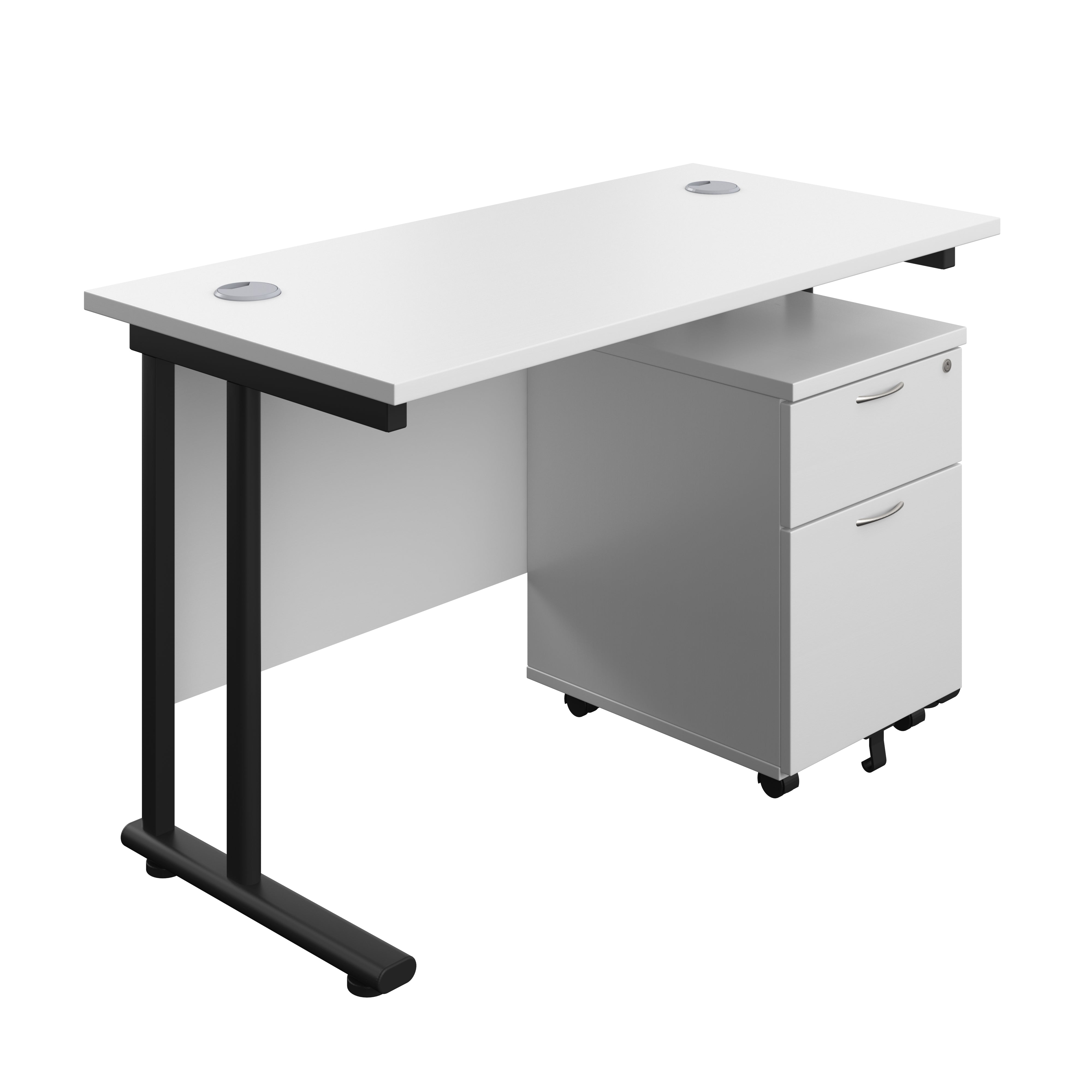 Twin Upright Rectangular Desk + Mobile 2 Drawer Pedestal (FSC) | 1200X600 | White/Black