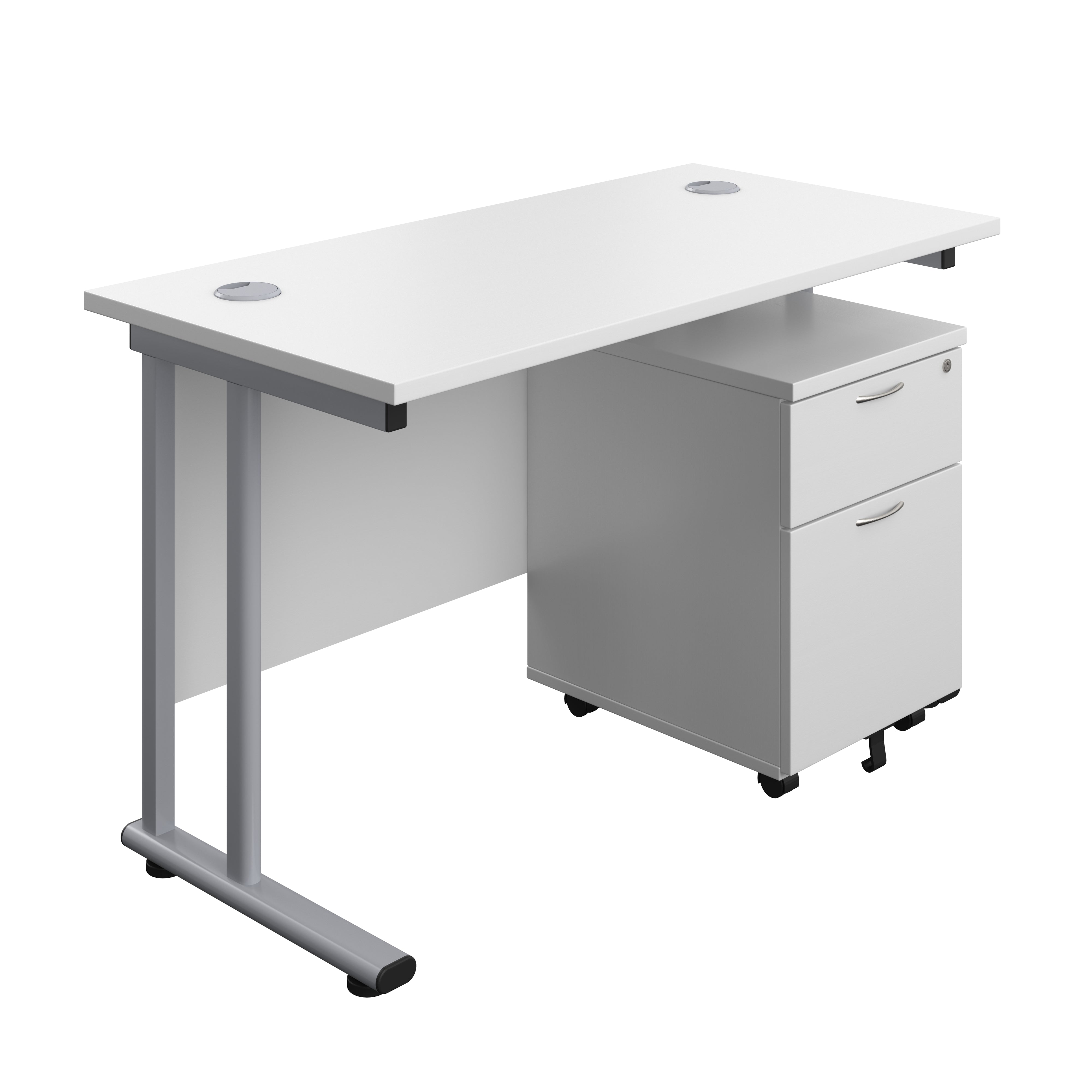 Twin Upright Rectangular Desk + Mobile 2 Drawer Pedestal (FSC) | 1200X600 | White/Silver