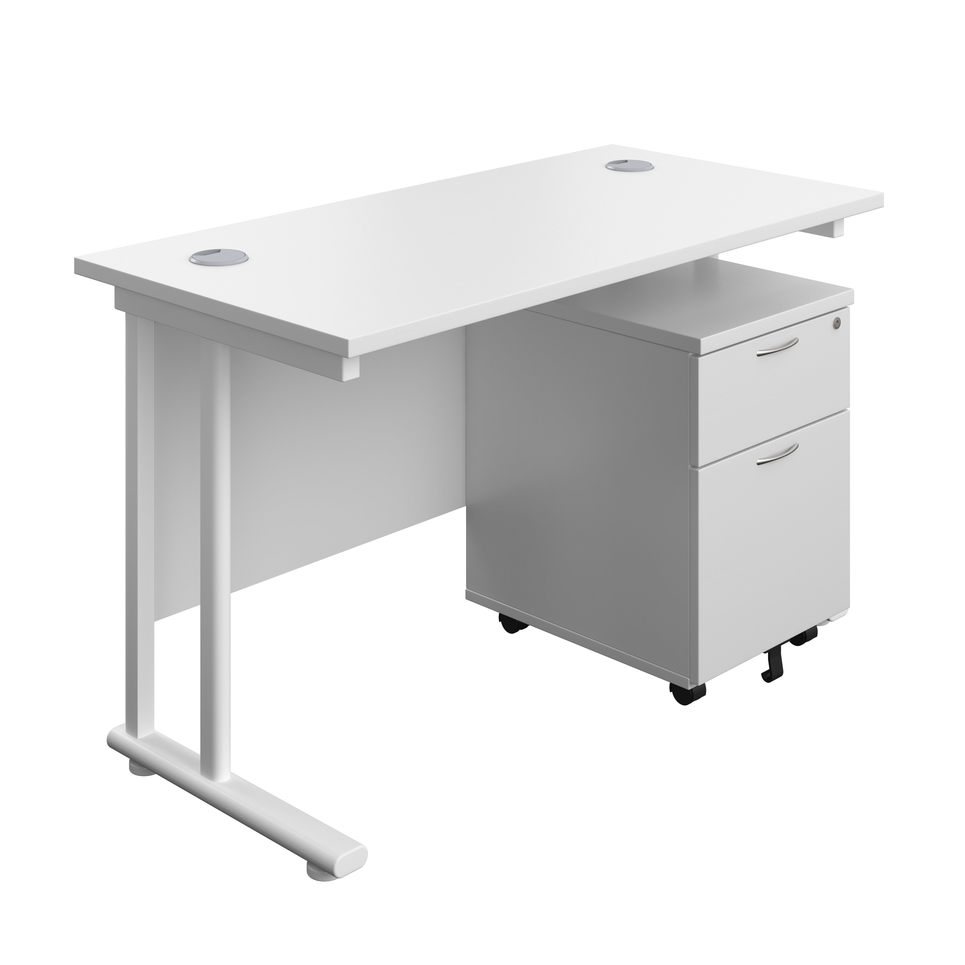 Twin Upright Rectangular Desk + Mobile 2 Drawer Pedestal (FSC) | 1200X600 | White/White
