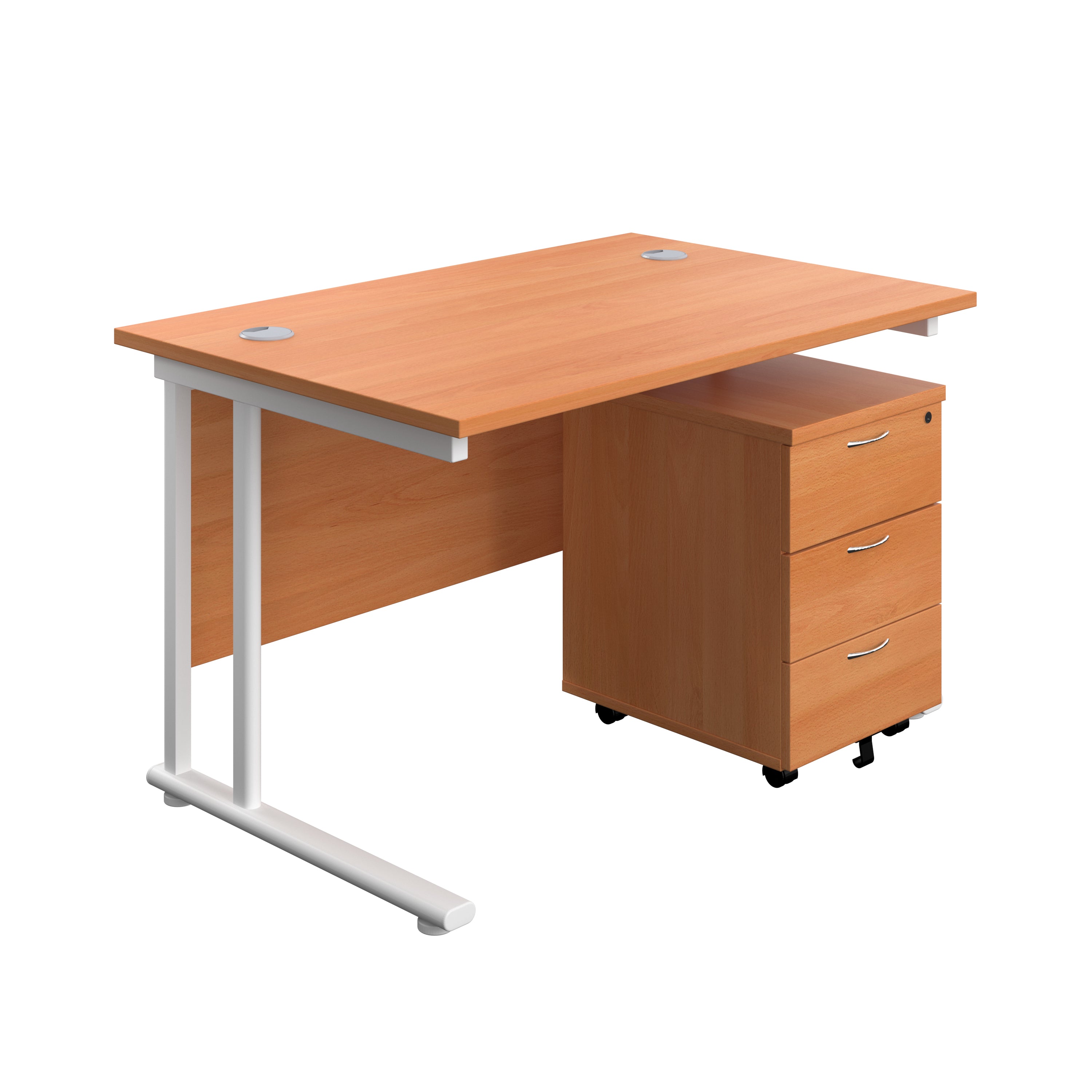 Twin Upright Rectangular Desk + Mobile 3 Drawer Pedestal (FSC) | 1200X800 | Beech/White