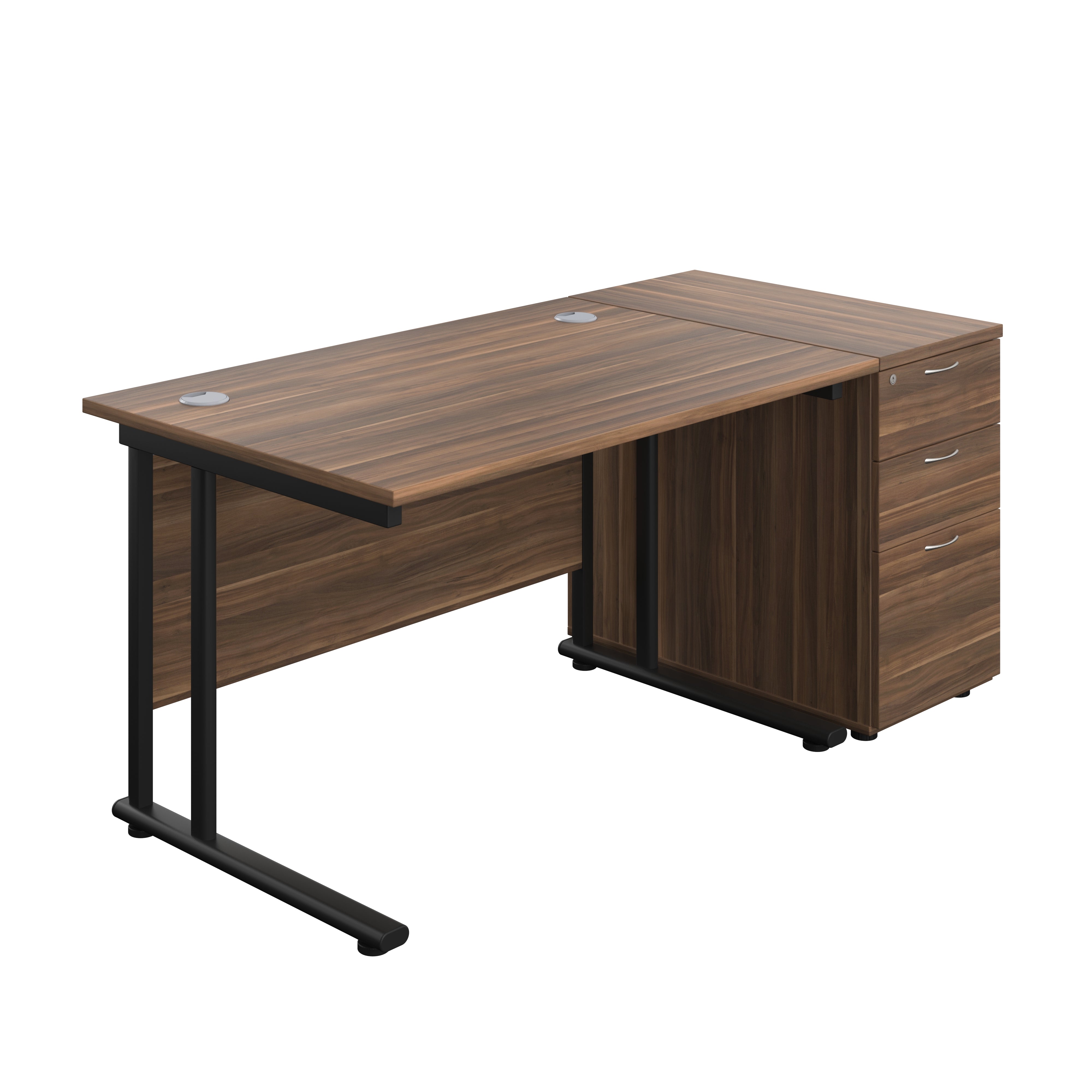 Twin Upright Rectangular Desk + Desk High 3 Drawer Pedestal (FSC) | 1200X800 | Dark Walnut/Black