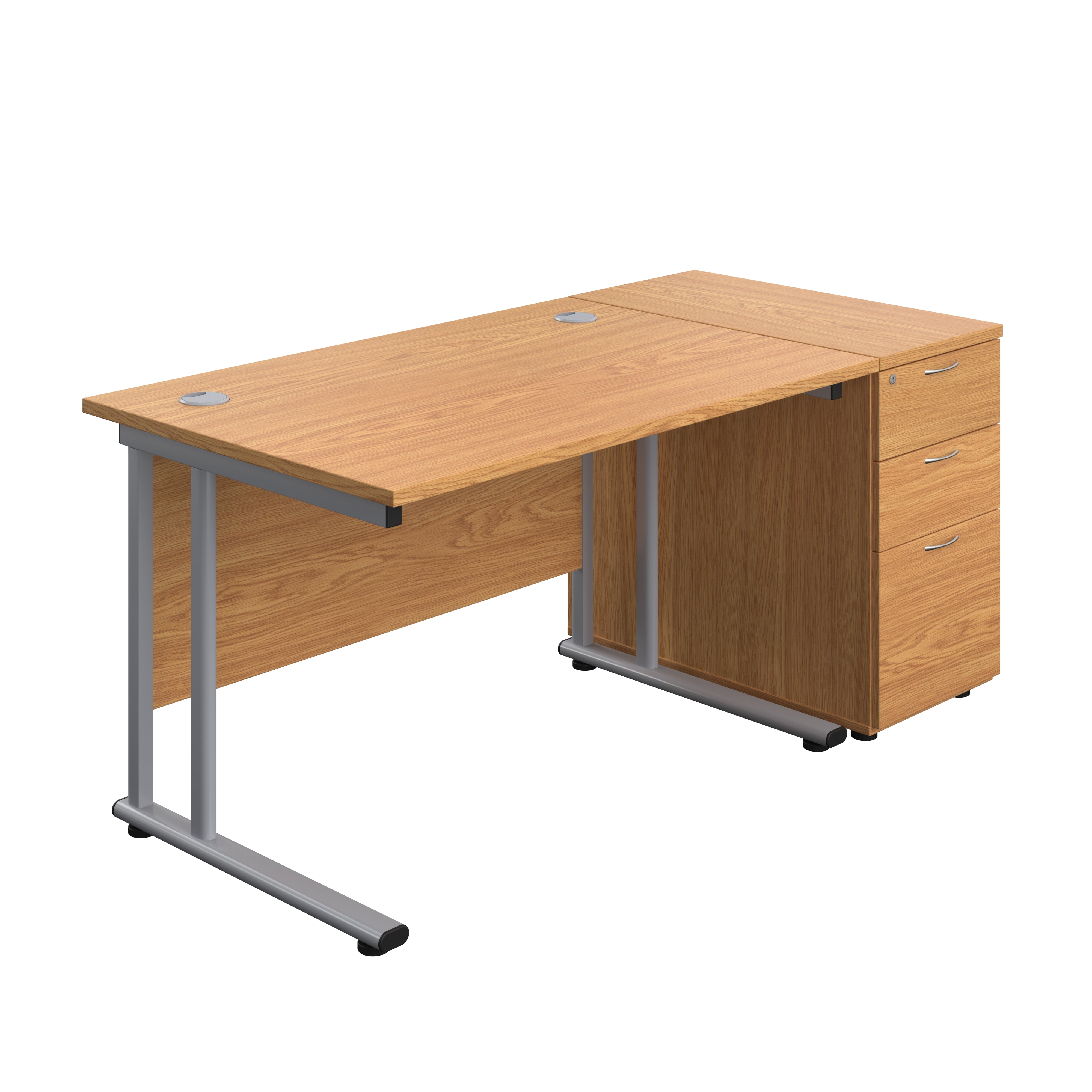 Twin Upright Rectangular Desk + Desk High 3 Drawer Pedestal (FSC) | 1200X800 | Nova Oak/Silver