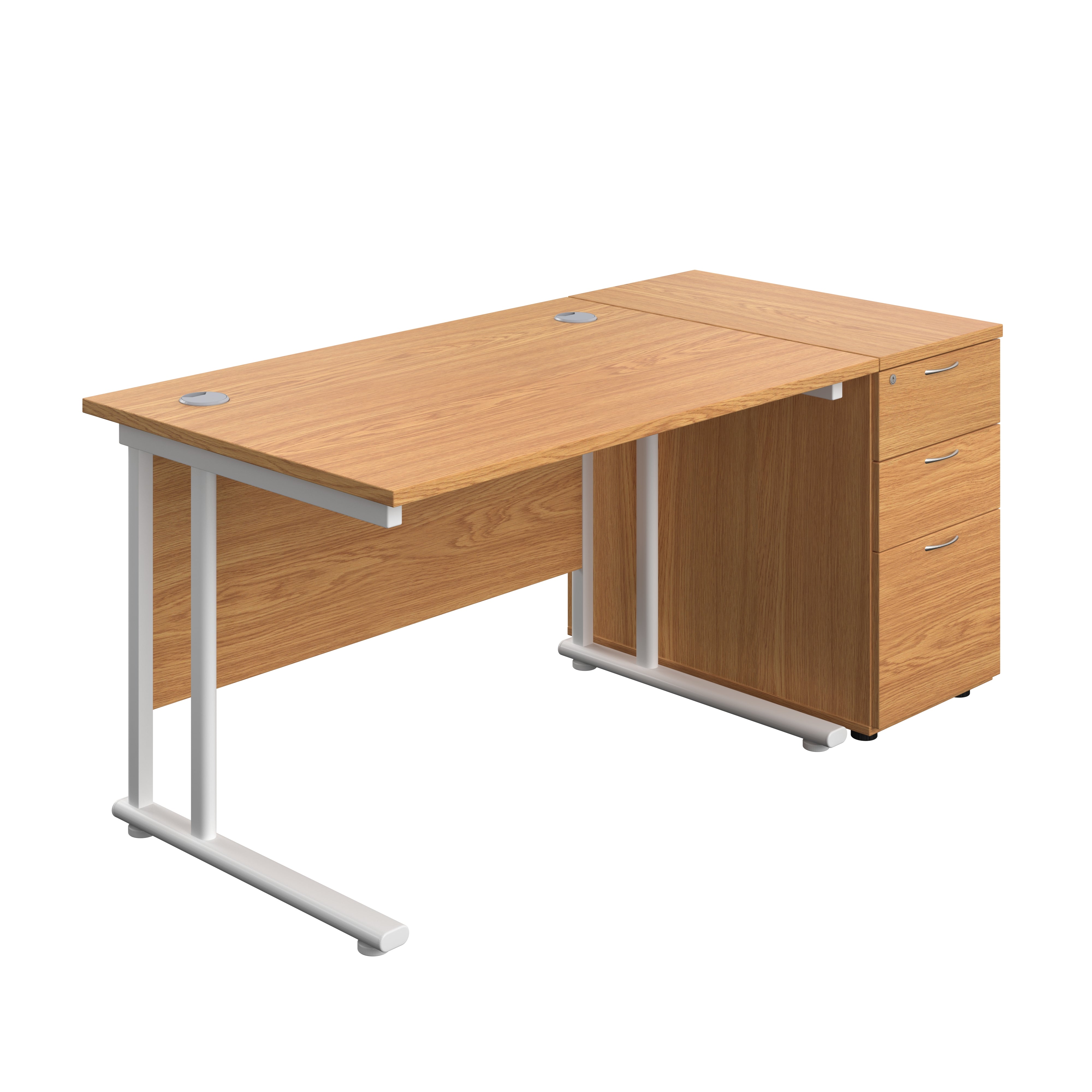 Twin Upright Rectangular Desk + Desk High 3 Drawer Pedestal (FSC) | 1200X800 | Nova Oak/White