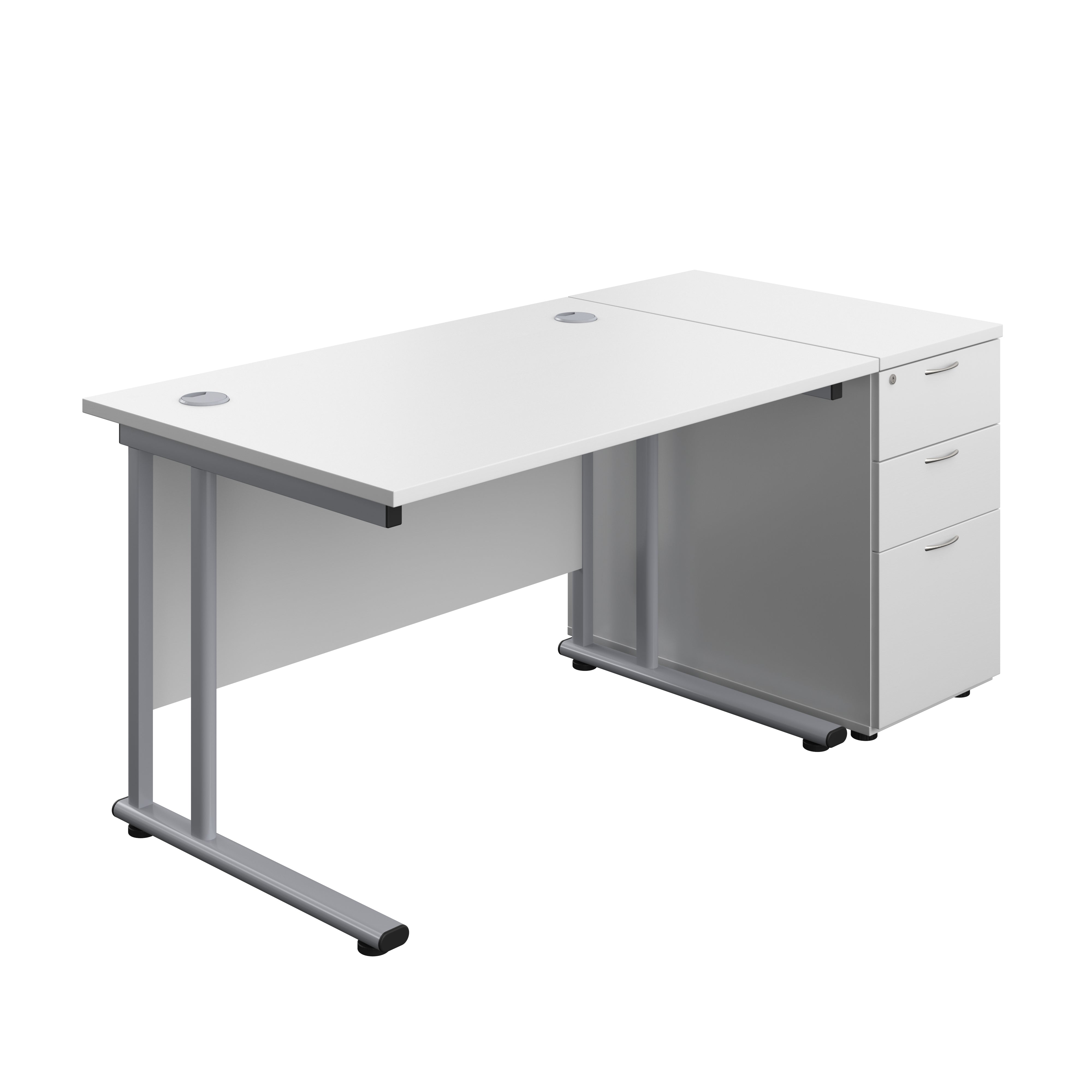Twin Upright Rectangular Desk + Desk High 3 Drawer Pedestal (FSC) | 1200X800 | White/Silver