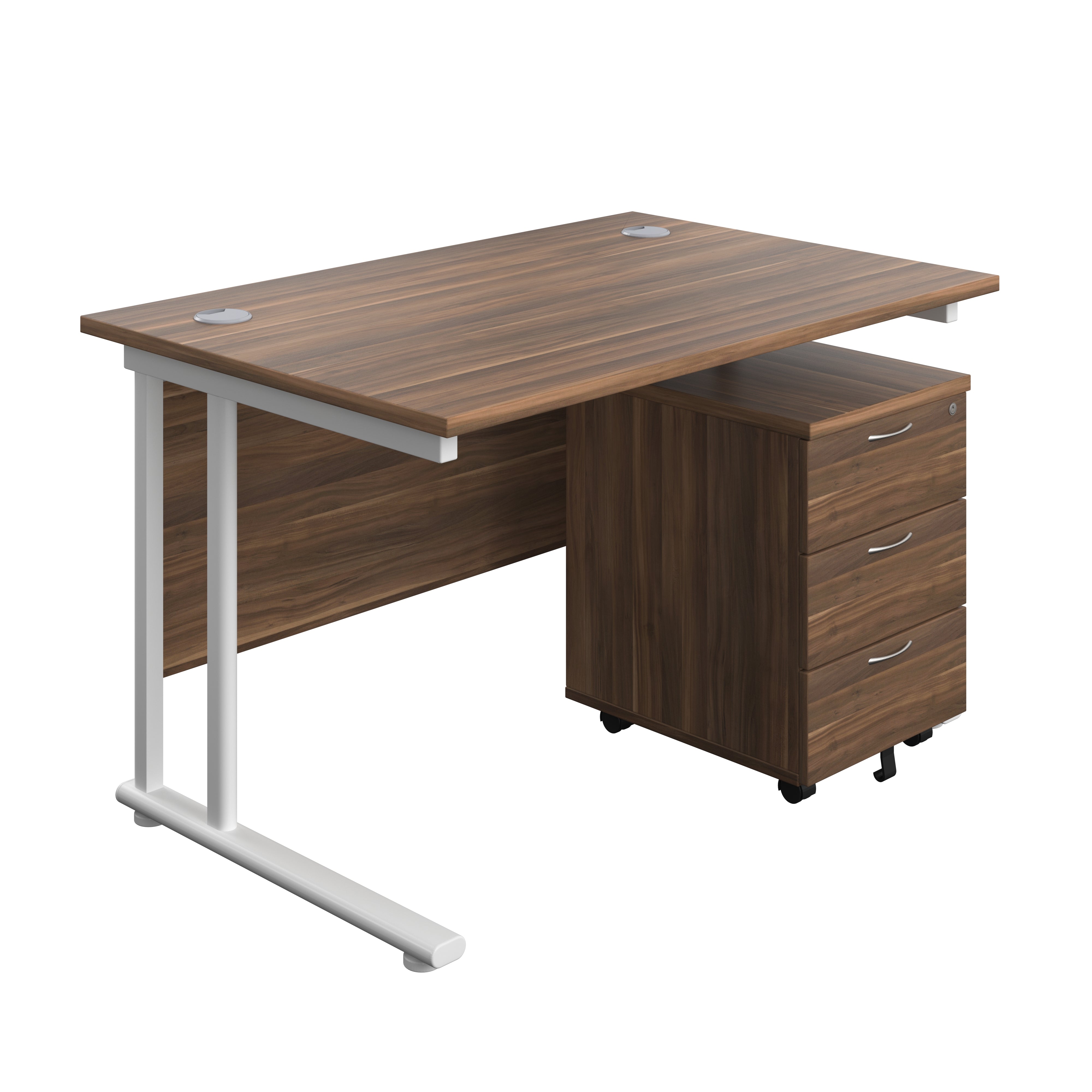Twin Upright Rectangular Desk + Mobile 3 Drawer Pedestal (FSC) | 1200X800 | Dark Walnut/White