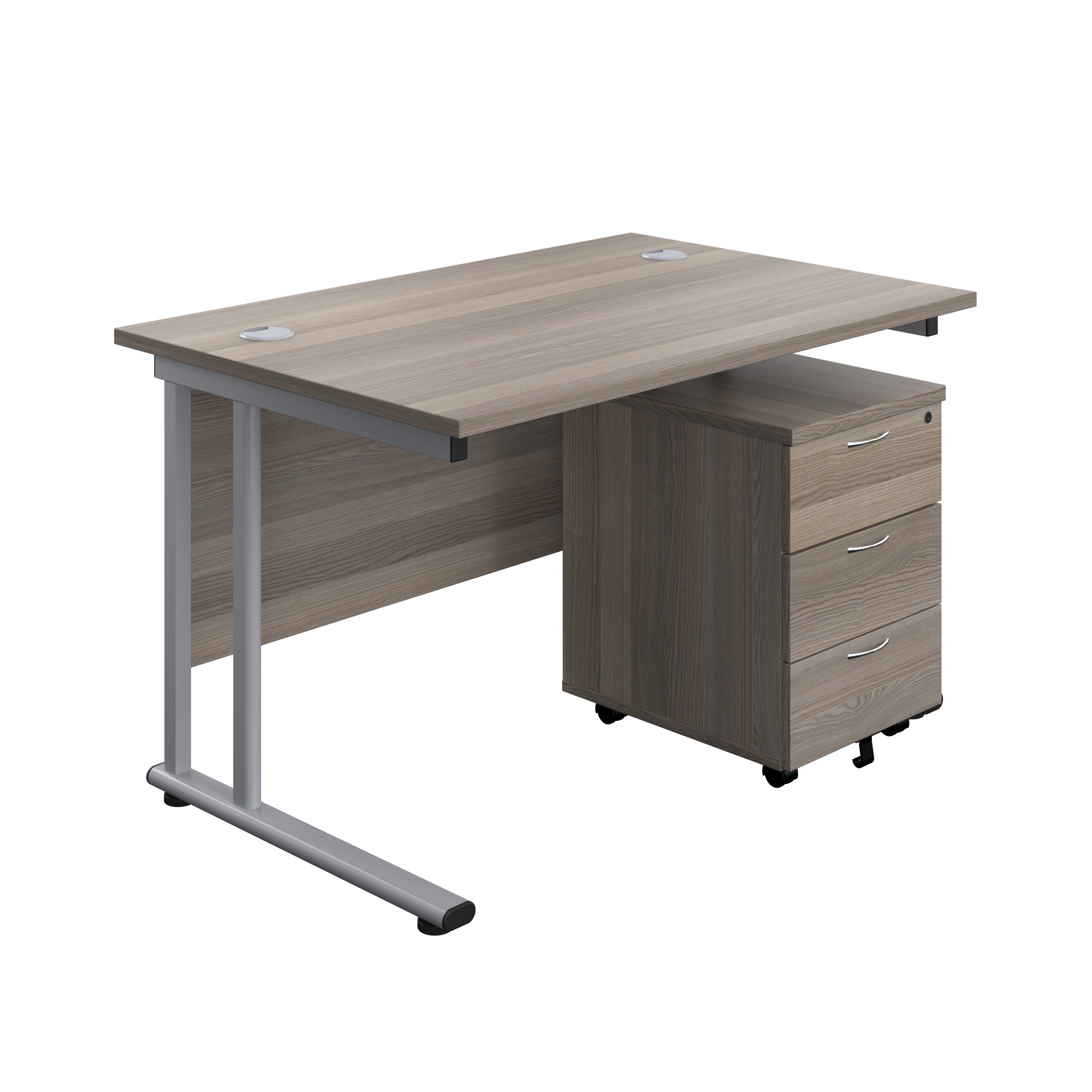 Twin Upright Rectangular Desk + Mobile 3 Drawer Pedestal (FSC) | 1200X800 | Grey Oak/Silver