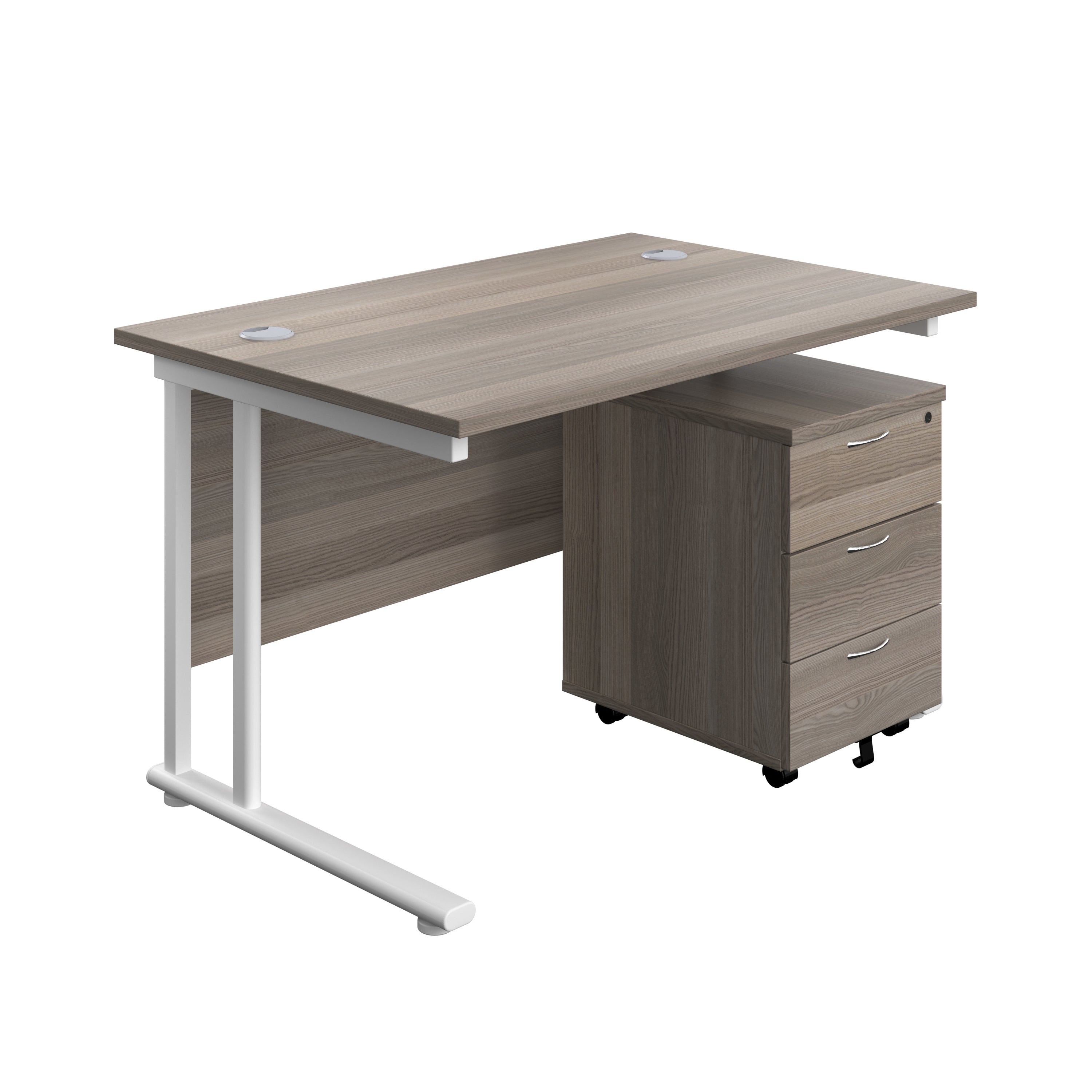 Twin Upright Rectangular Desk + Mobile 3 Drawer Pedestal (FSC) | 1200X800 | Grey Oak/White
