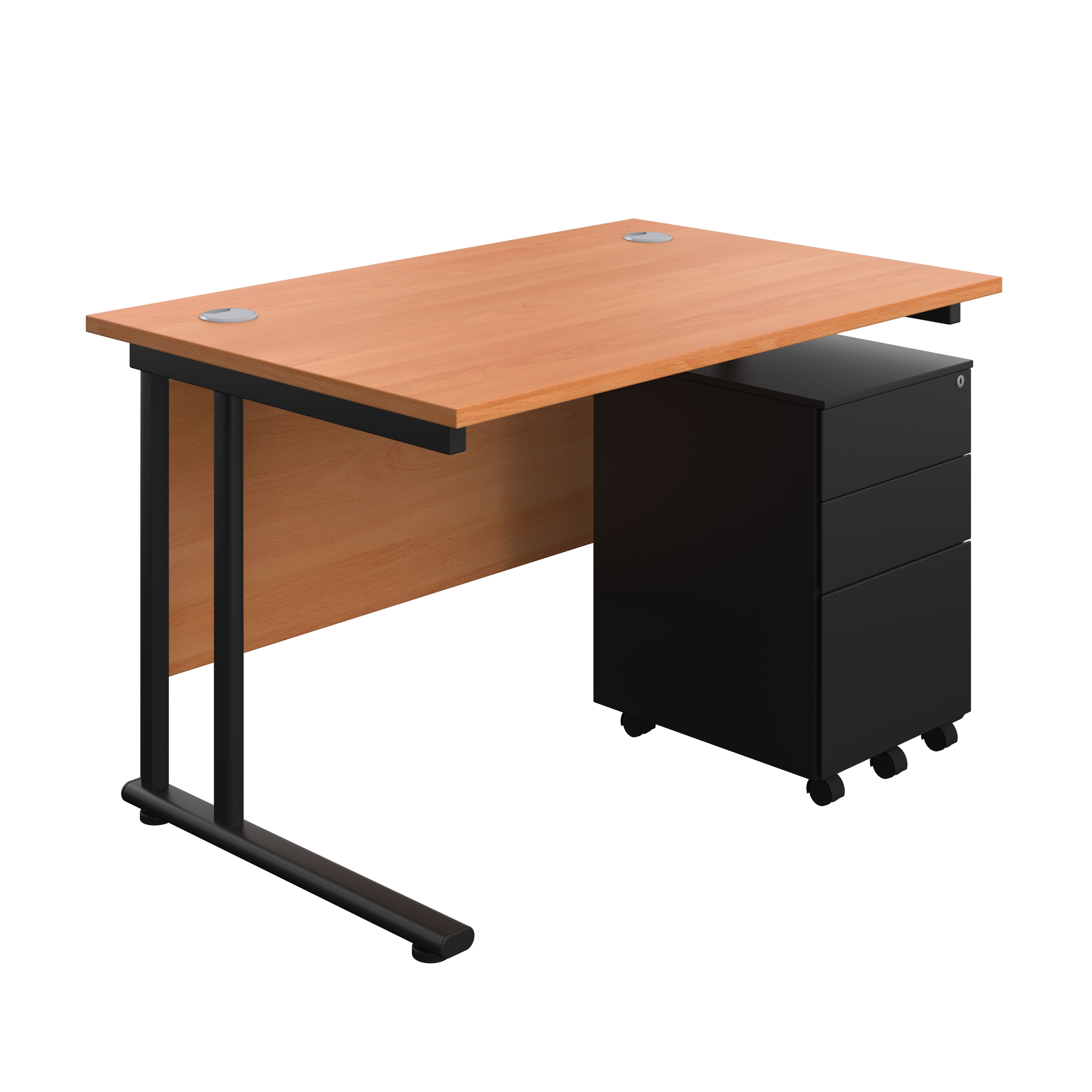 Twin Upright Rectangular Desk + Under Desk Steel Pedestal 3 Drawers (FSC) | 1200X800 | Beech/Black