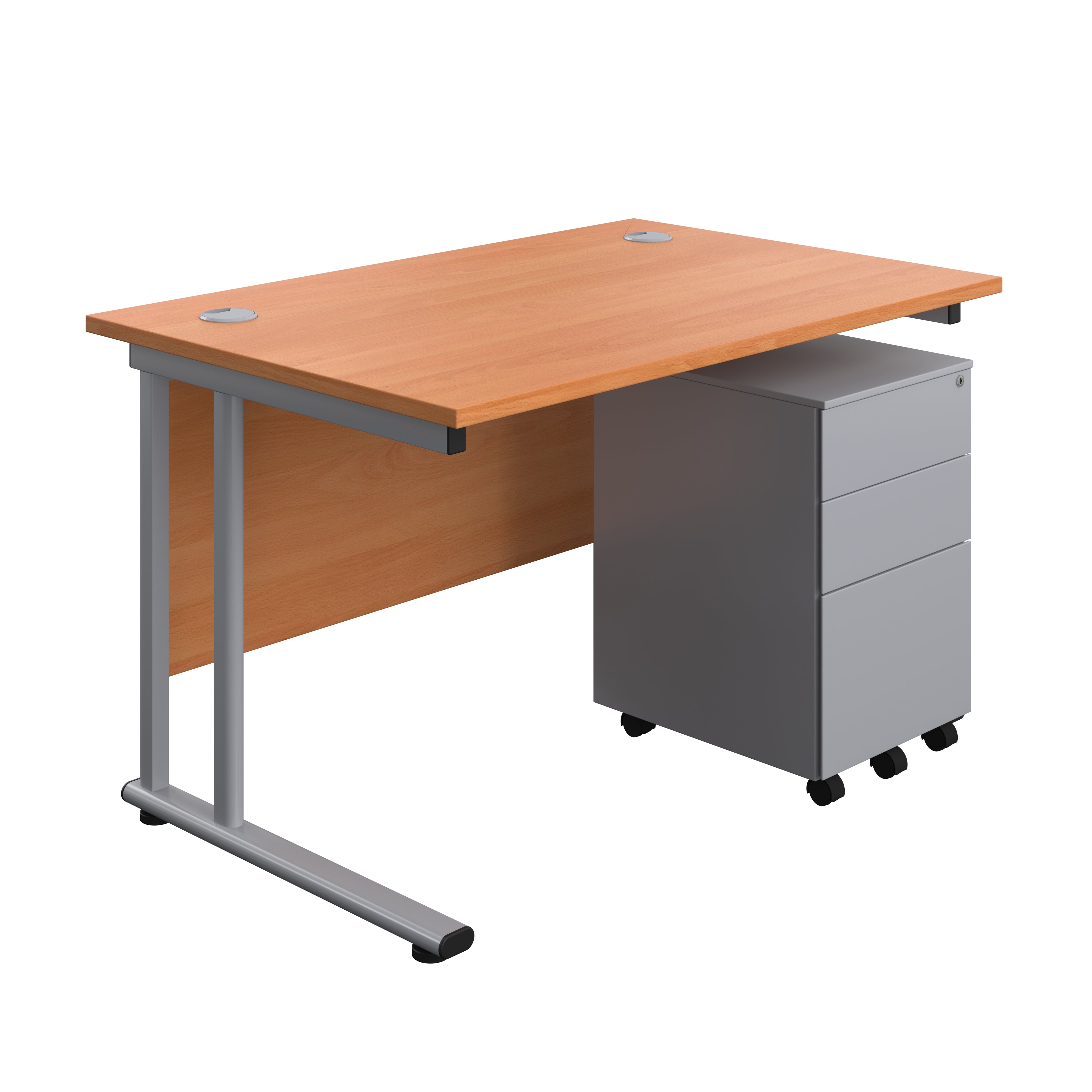 Twin Upright Rectangular Desk + Under Desk Steel Pedestal 3 Drawers (FSC) | 1200X800 | Beech/Silver
