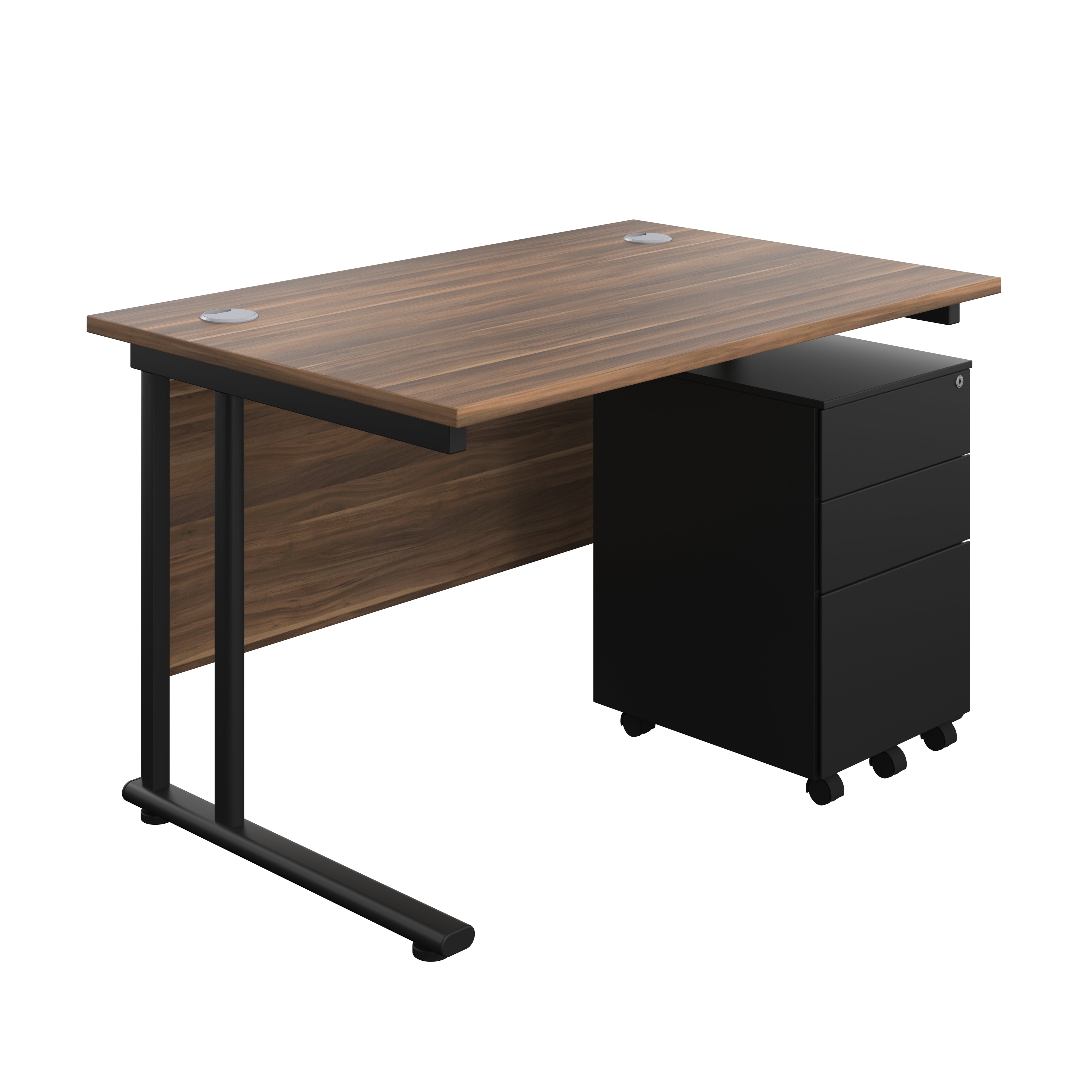 Twin Upright Rectangular Desk + Under Desk Steel Pedestal 3 Drawers (FSC) | 1200X800 | Dark Walnut/Black