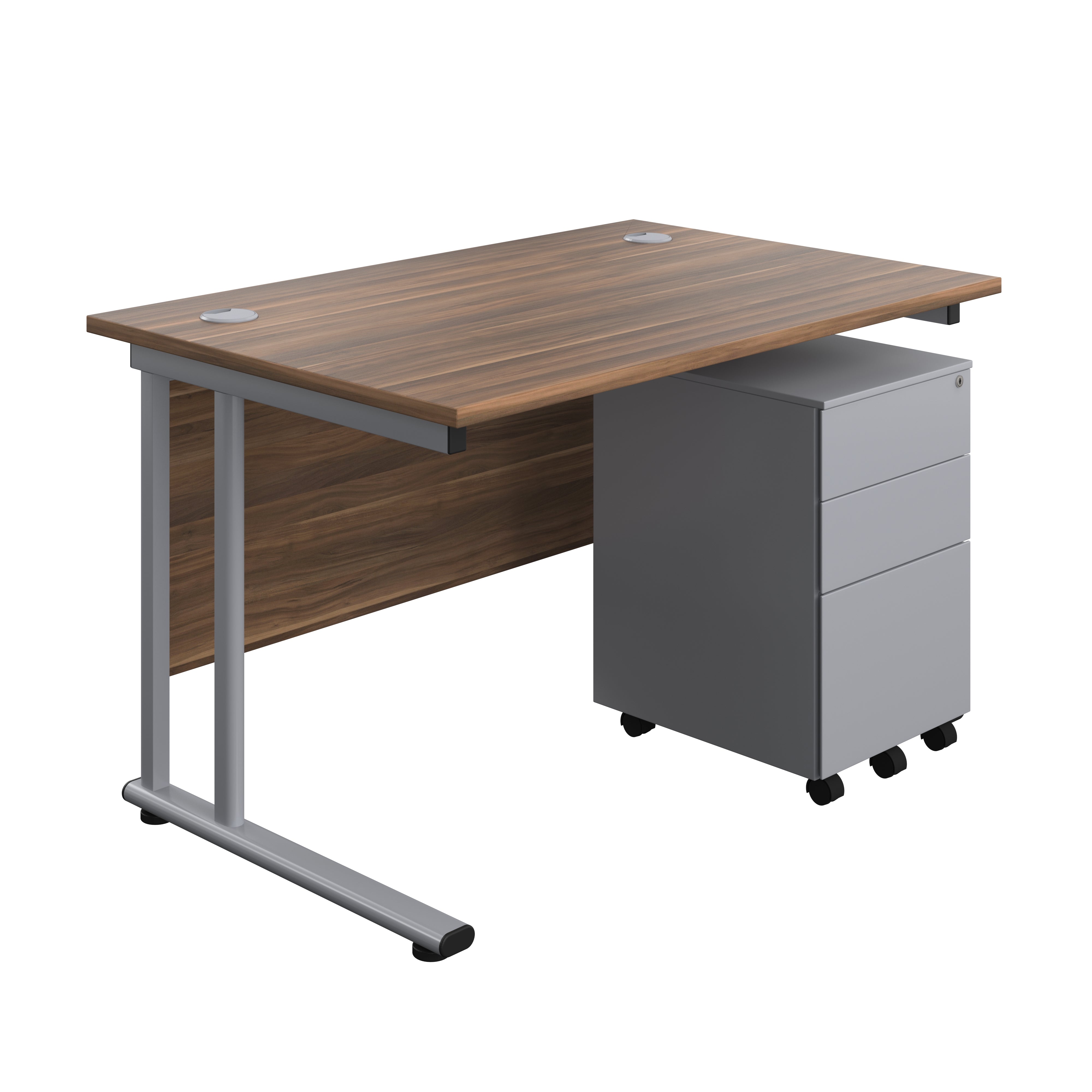 Twin Upright Rectangular Desk + Under Desk Steel Pedestal 3 Drawers (FSC) | 1200X800 | Dark Walnut/Silver