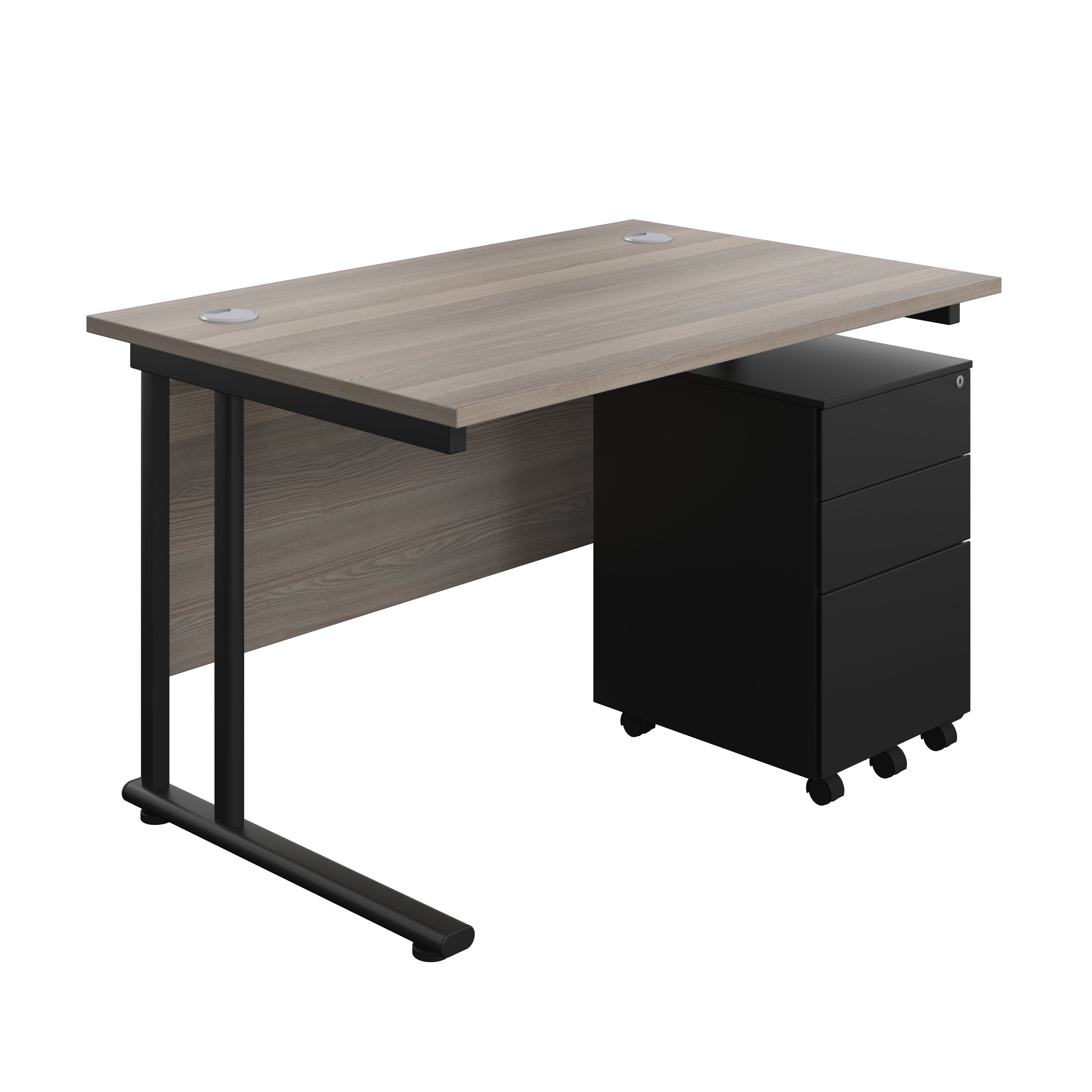 Twin Upright Rectangular Desk + Under Desk Steel Pedestal 3 Drawers (FSC) | 1200X800 | Grey Oak/Black