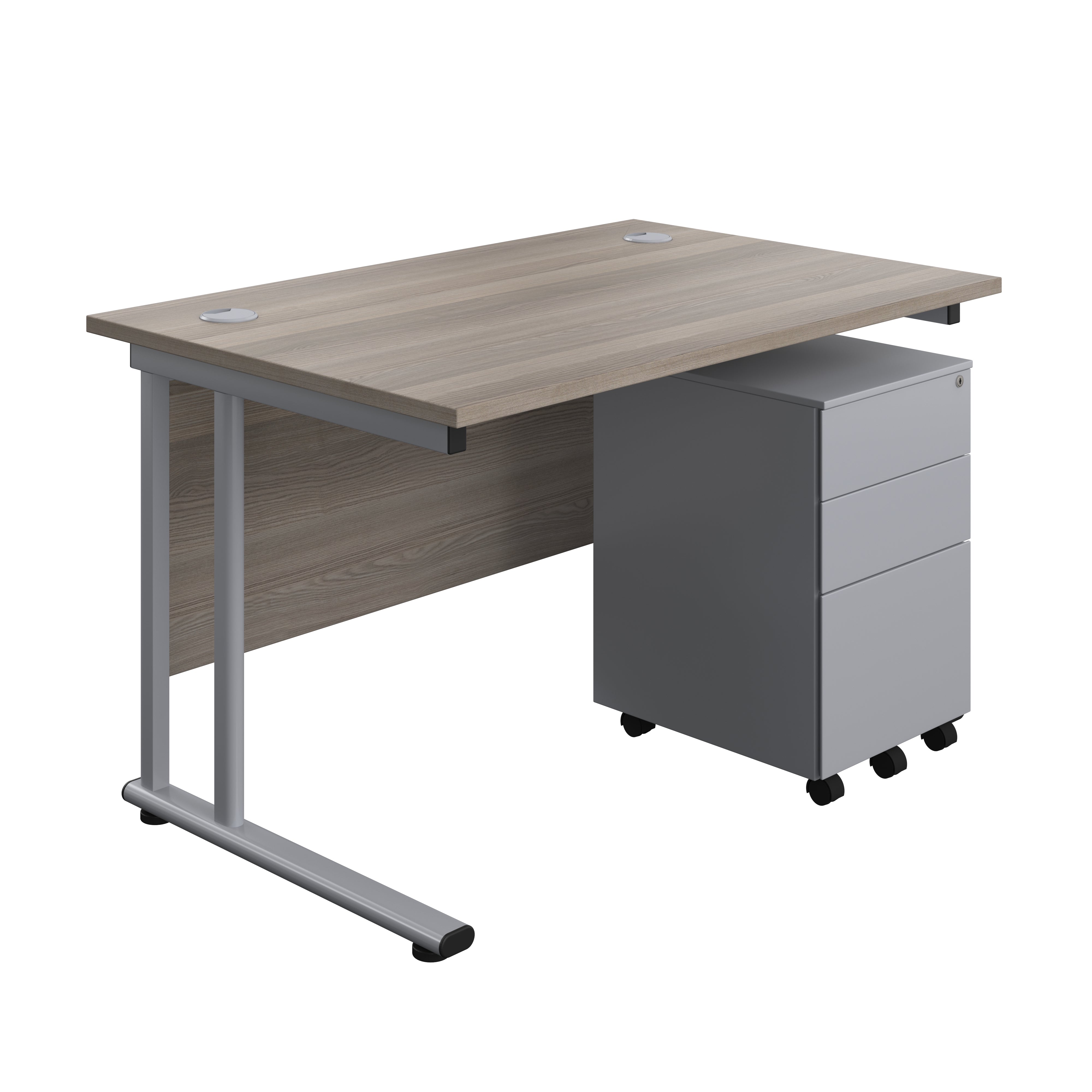 Twin Upright Rectangular Desk + Under Desk Steel Pedestal 3 Drawers (FSC) | 1200X800 | Grey Oak/Silver