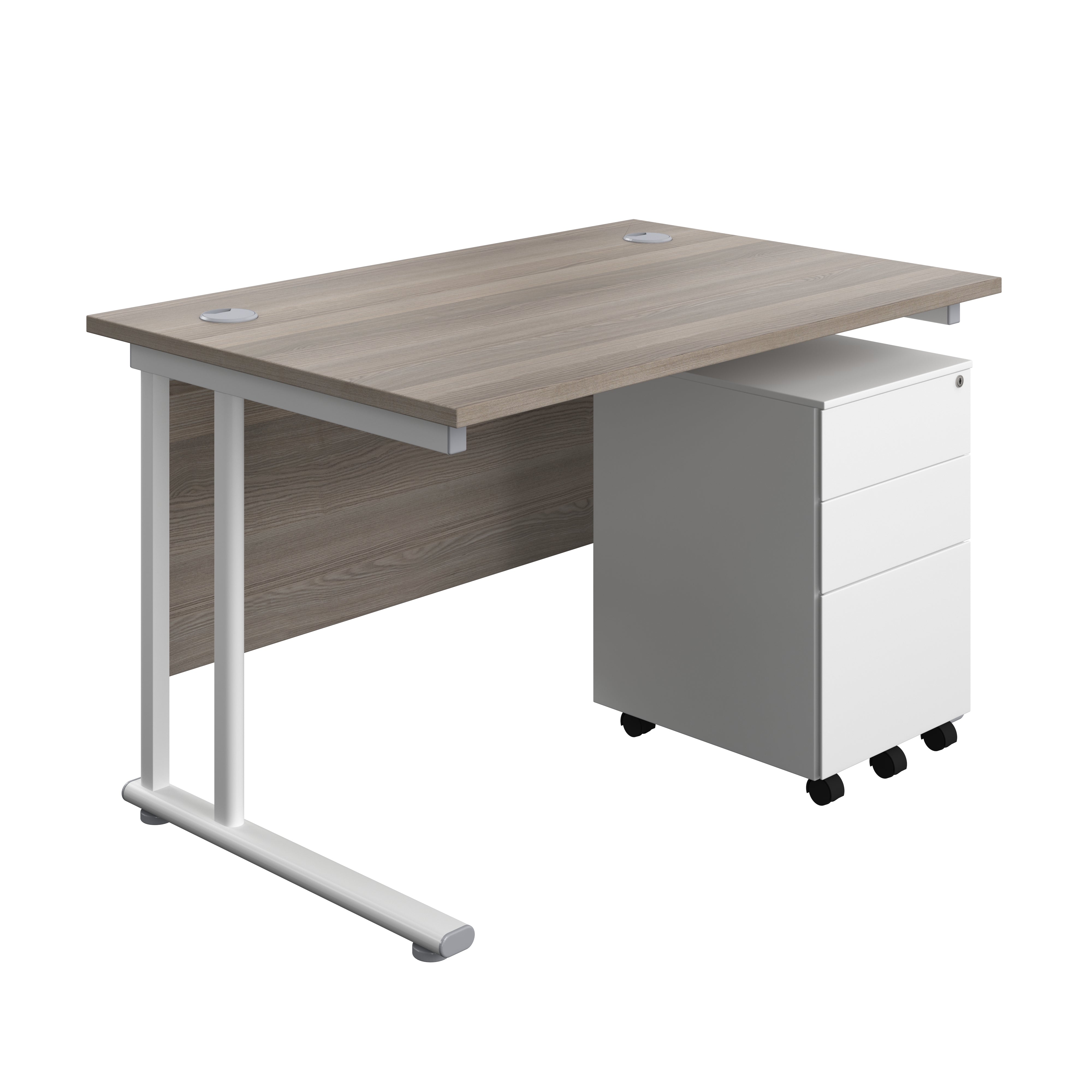 Twin Upright Rectangular Desk + Under Desk Steel Pedestal 3 Drawers (FSC) | 1200X800 | Grey Oak/White