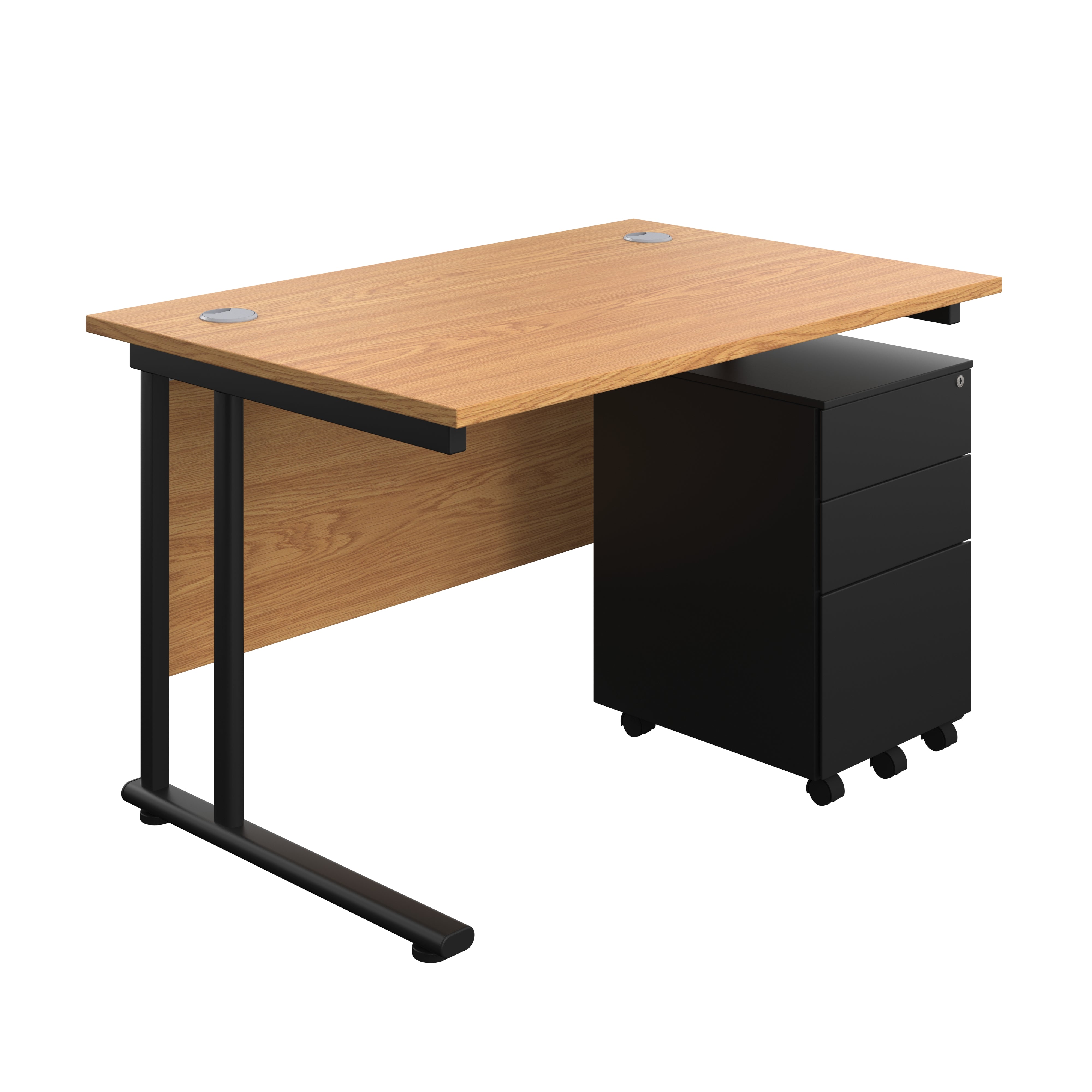 Twin Upright Rectangular Desk + Under Desk Steel Pedestal 3 Drawers (FSC) | 1200X800 | Nova Oak/Black