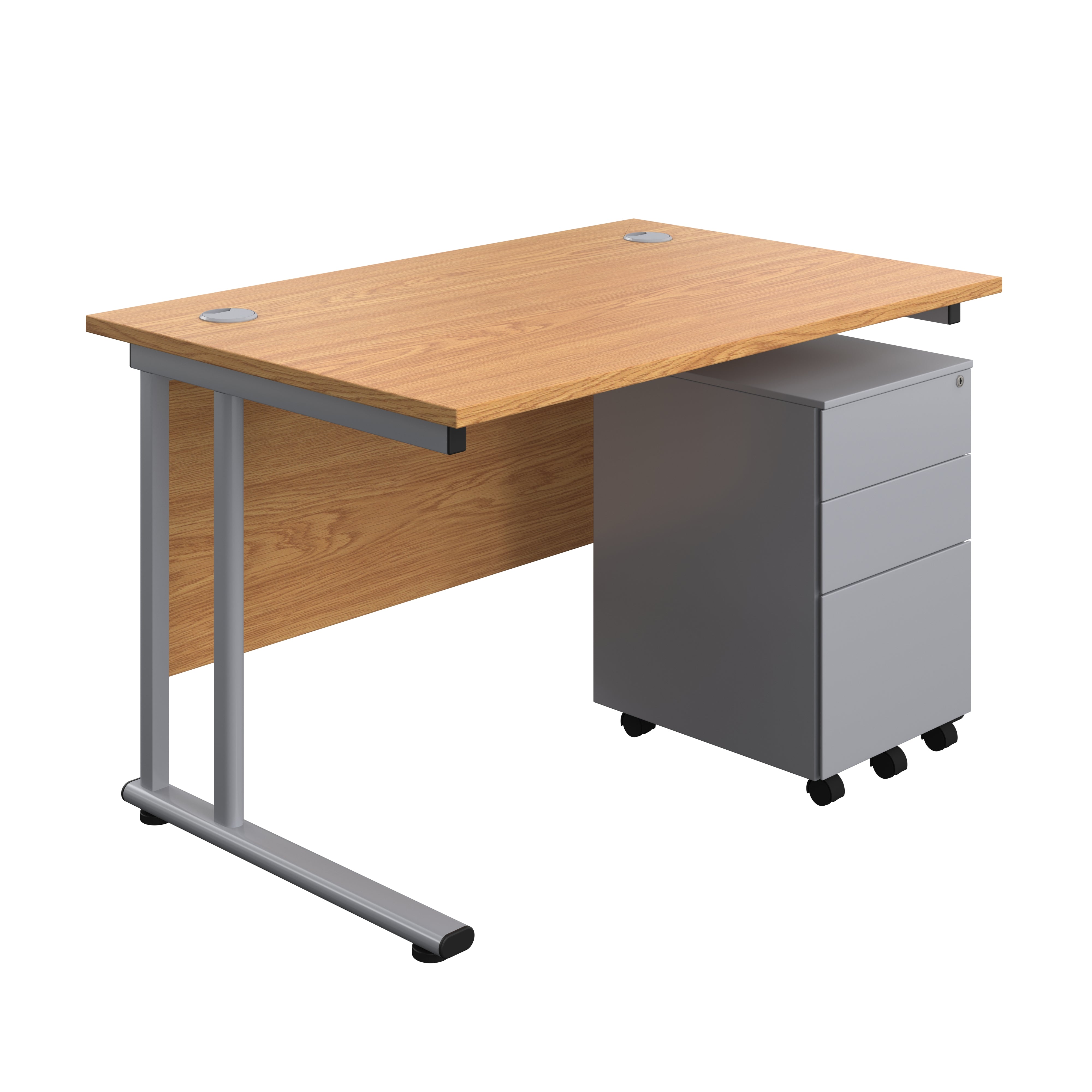 Twin Upright Rectangular Desk + Under Desk Steel Pedestal 3 Drawers (FSC) | 1200X800 | Nova Oak/Silver