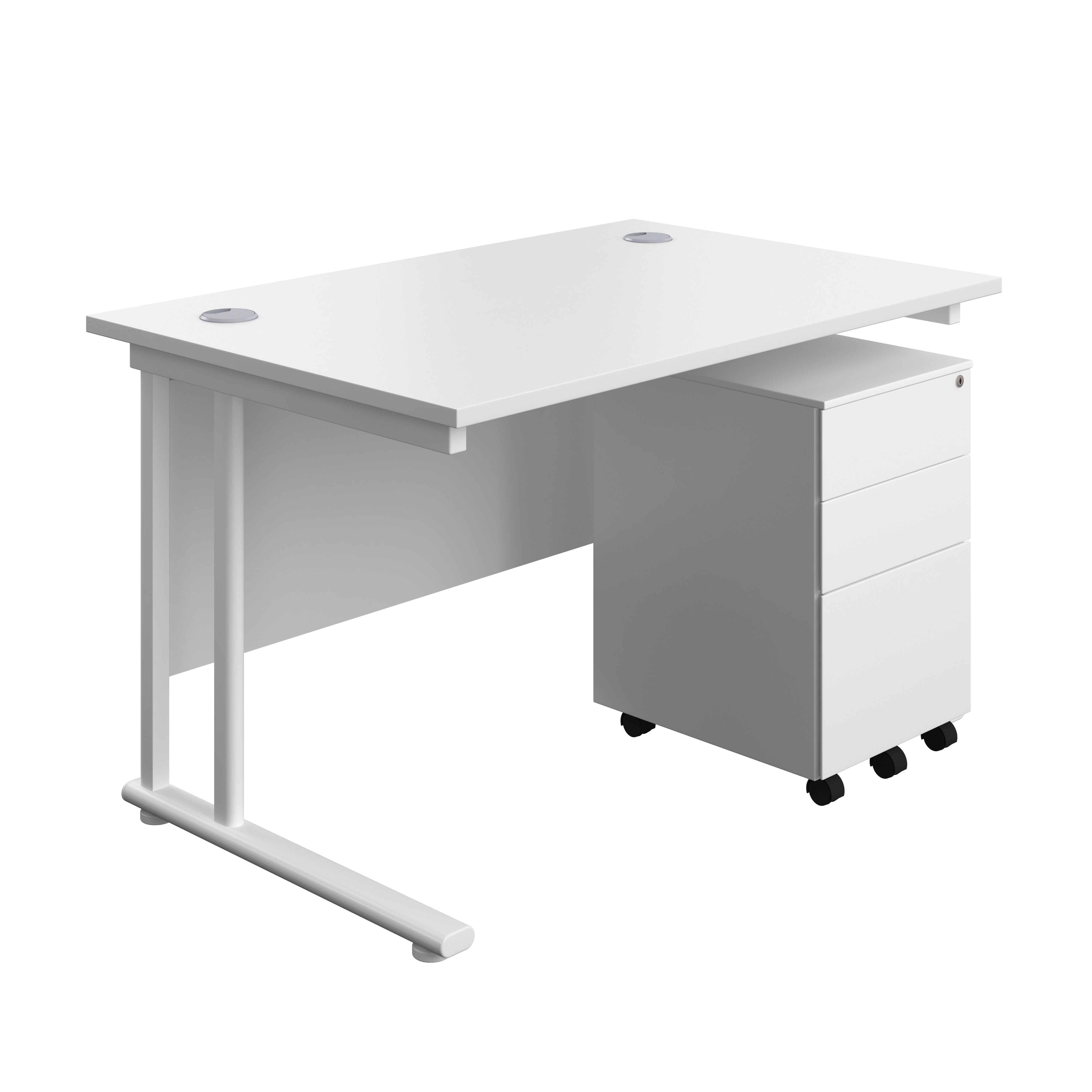 Twin Upright Rectangular Desk + Under Desk Steel Pedestal 3 Drawers (FSC) | 1200X800 | White/White